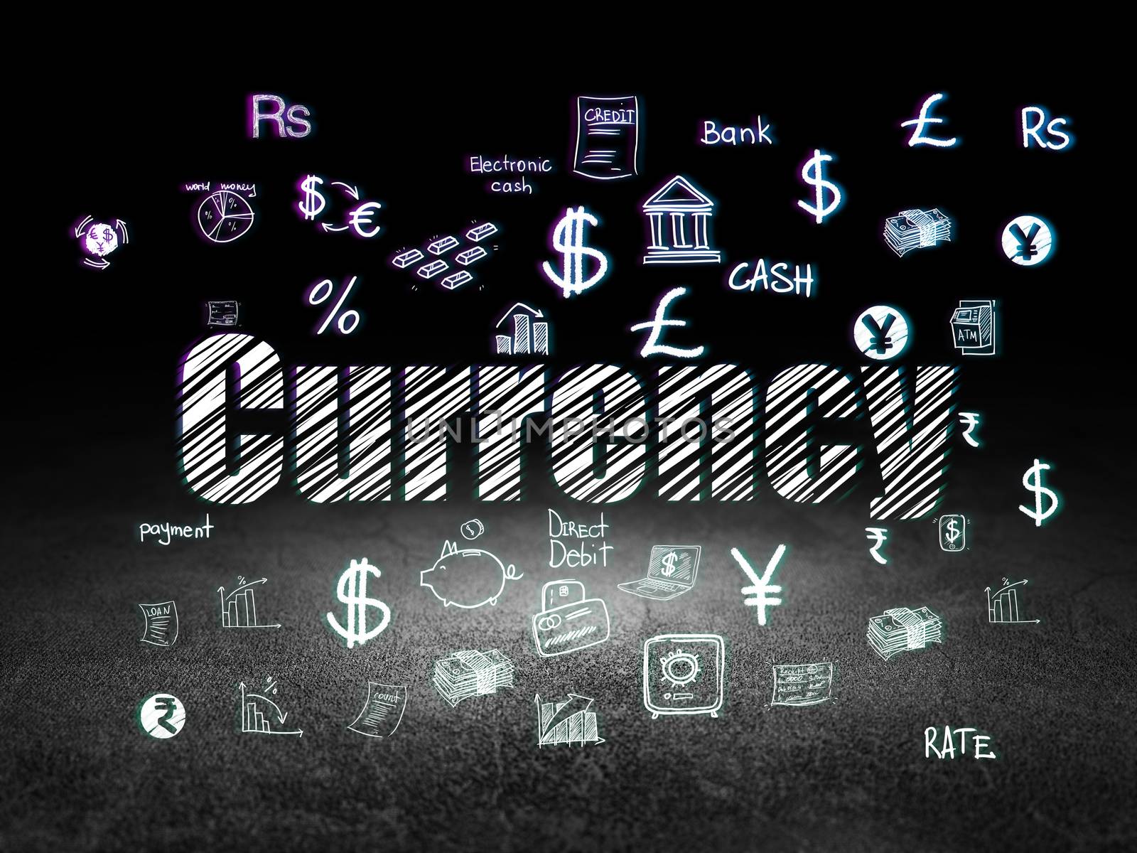 Currency concept: Glowing text Currency,  Hand Drawn Finance Icons in grunge dark room with Dirty Floor, black background