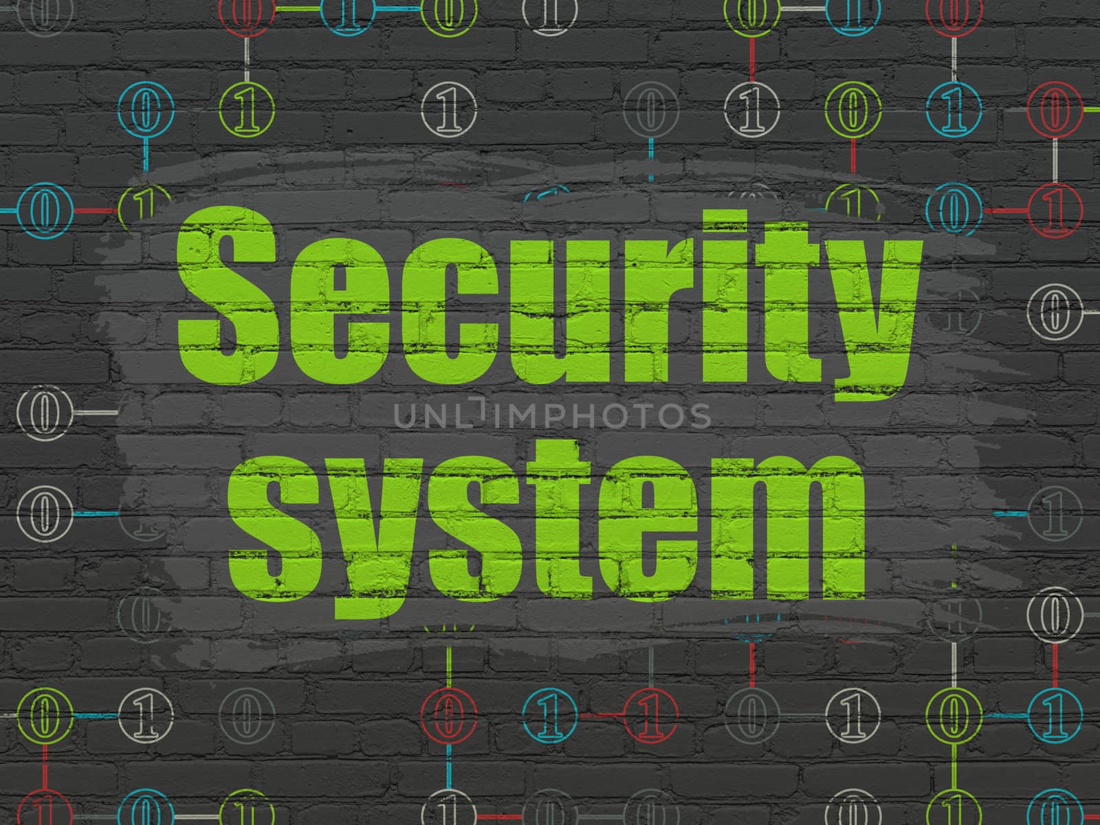 Privacy concept: Painted green text Security System on Black Brick wall background with Scheme Of Binary Code
