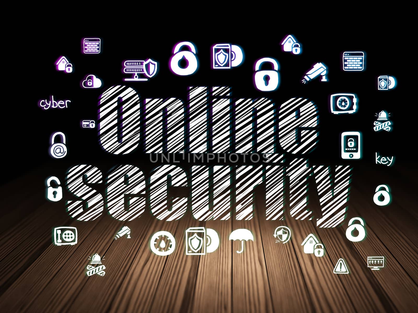 Privacy concept: Glowing text Online Security,  Hand Drawn Security Icons in grunge dark room with Wooden Floor, black background