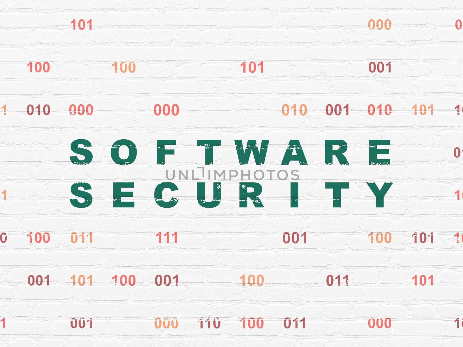 Privacy concept: Painted green text Software Security on White Brick wall background with Binary Code