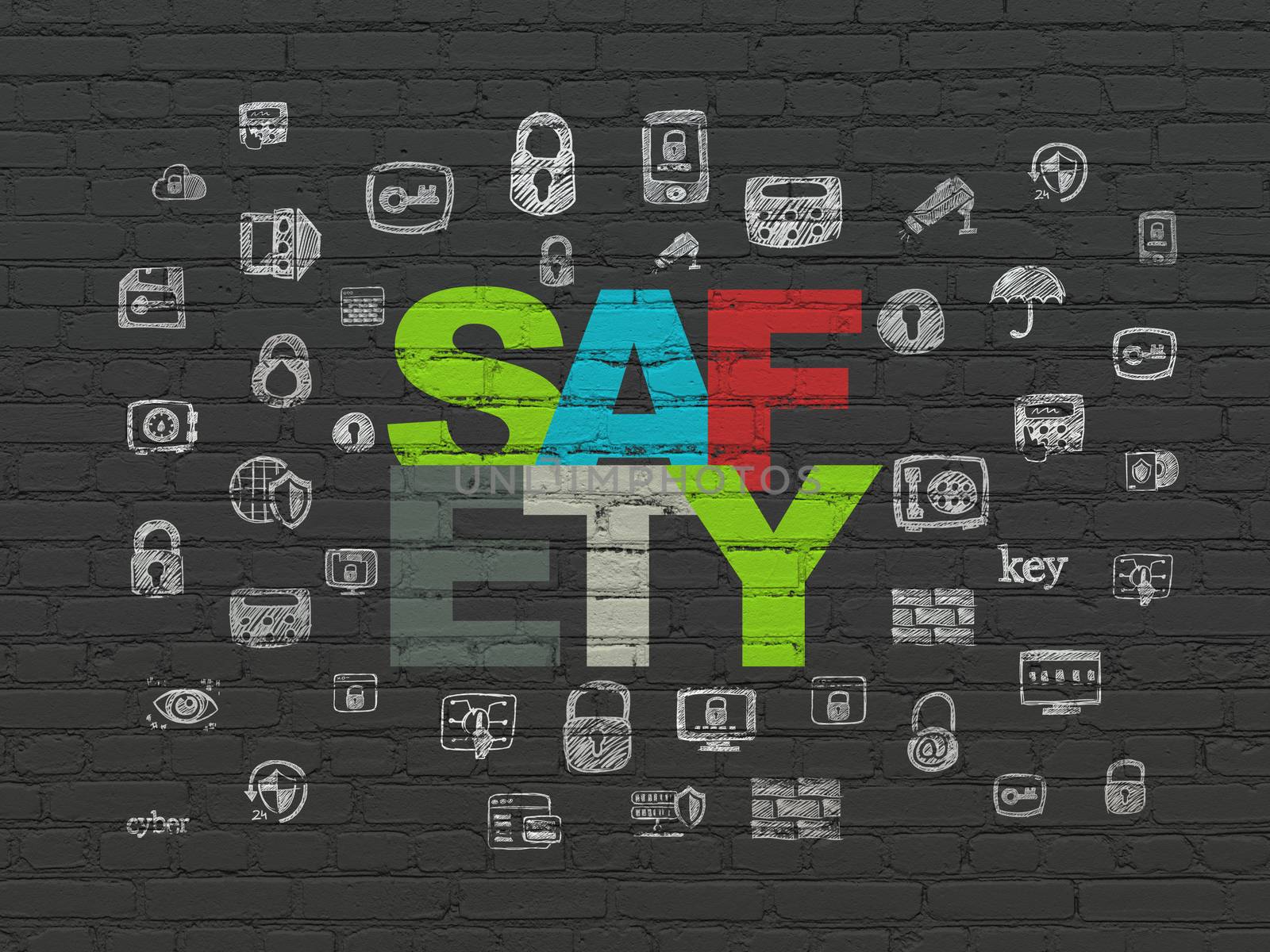 Privacy concept: Painted multicolor text Safety on Black Brick wall background with  Hand Drawn Security Icons