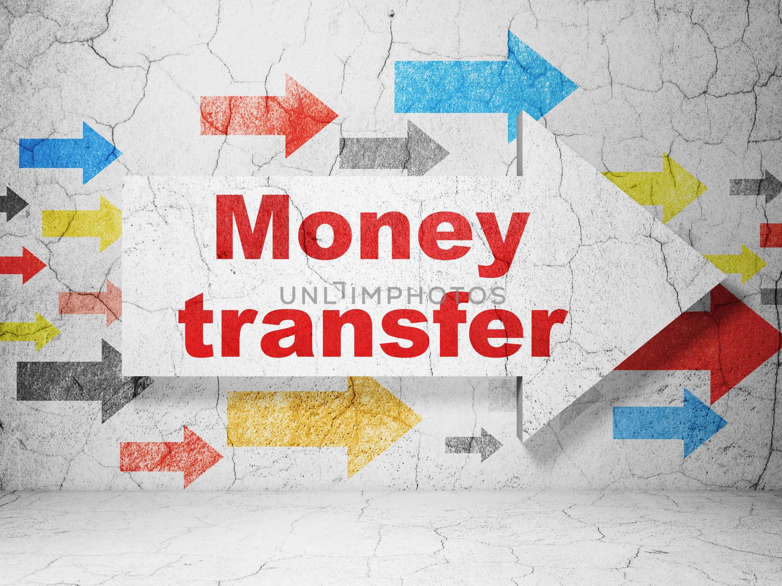 Finance concept:  arrow with Money Transfer on grunge textured concrete wall background, 3D rendering