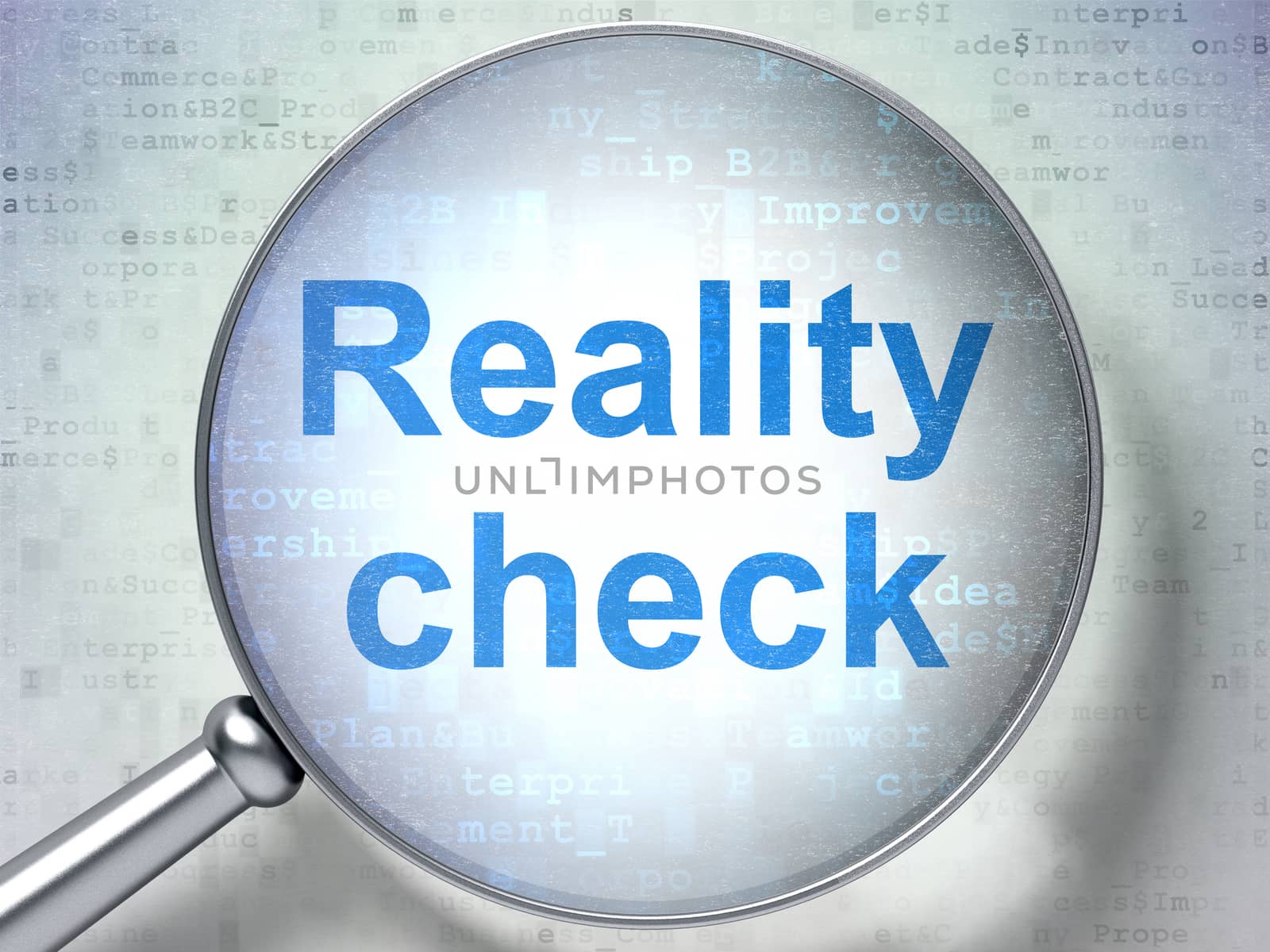 Business concept: magnifying optical glass with words Reality Check on digital background, 3D rendering