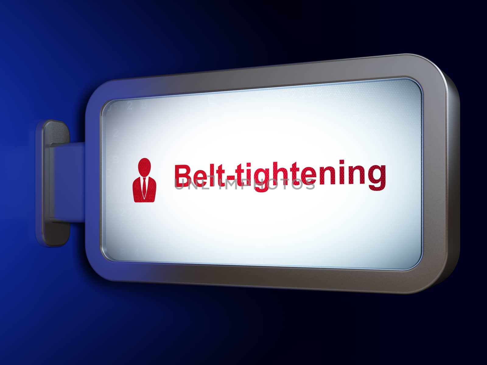 Finance concept: Belt-tightening and Business Man on advertising billboard background, 3D rendering