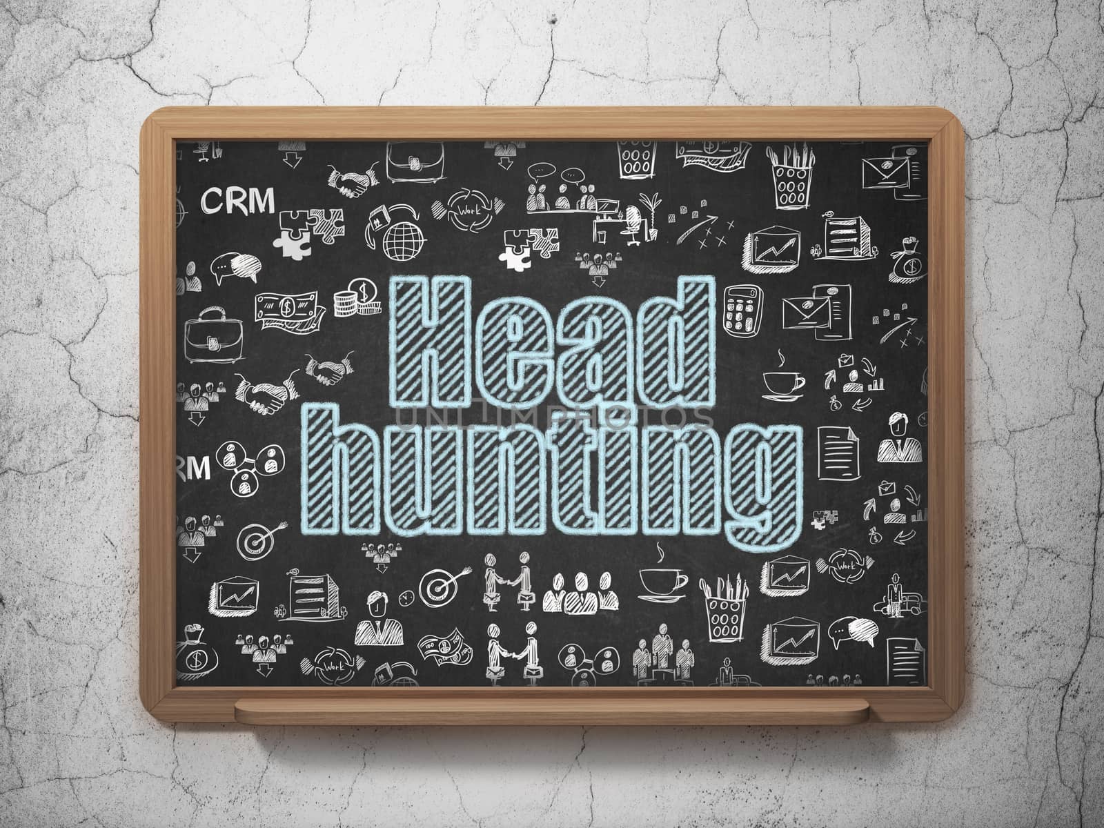 Finance concept: Chalk Blue text Head Hunting on School board background with  Hand Drawn Business Icons, 3D Rendering