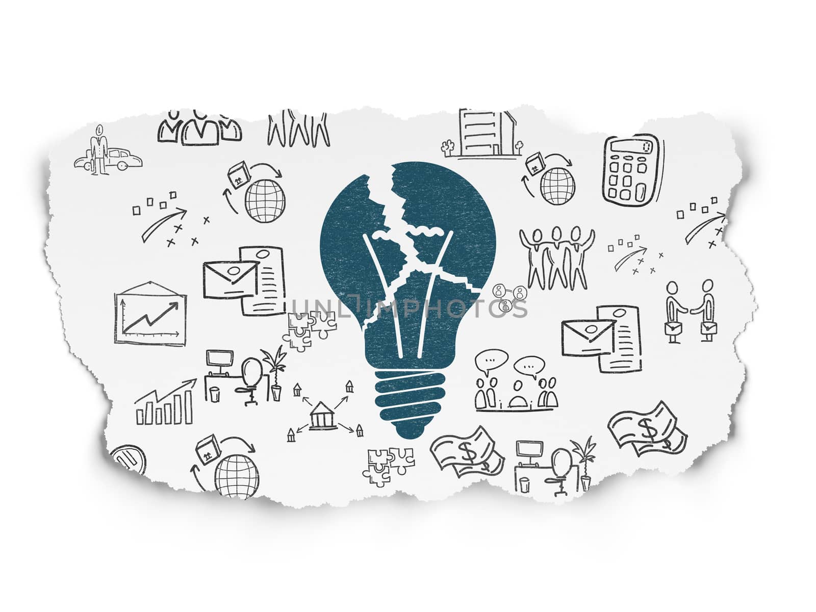 Finance concept: Painted blue Light Bulb icon on Torn Paper background with  Hand Drawn Business Icons