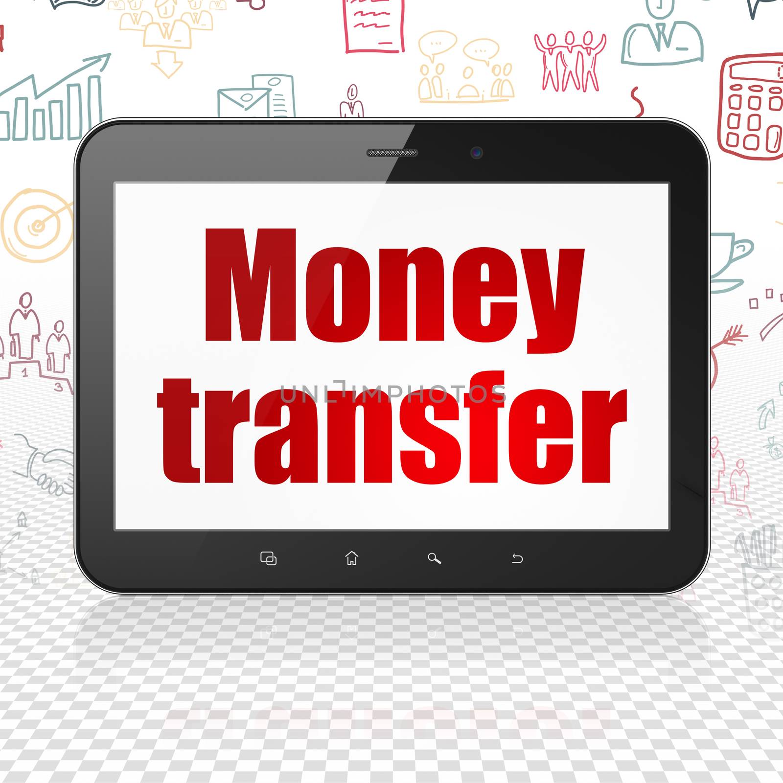 Business concept: Tablet Computer with  red text Money Transfer on display,  Hand Drawn Business Icons background, 3D rendering
