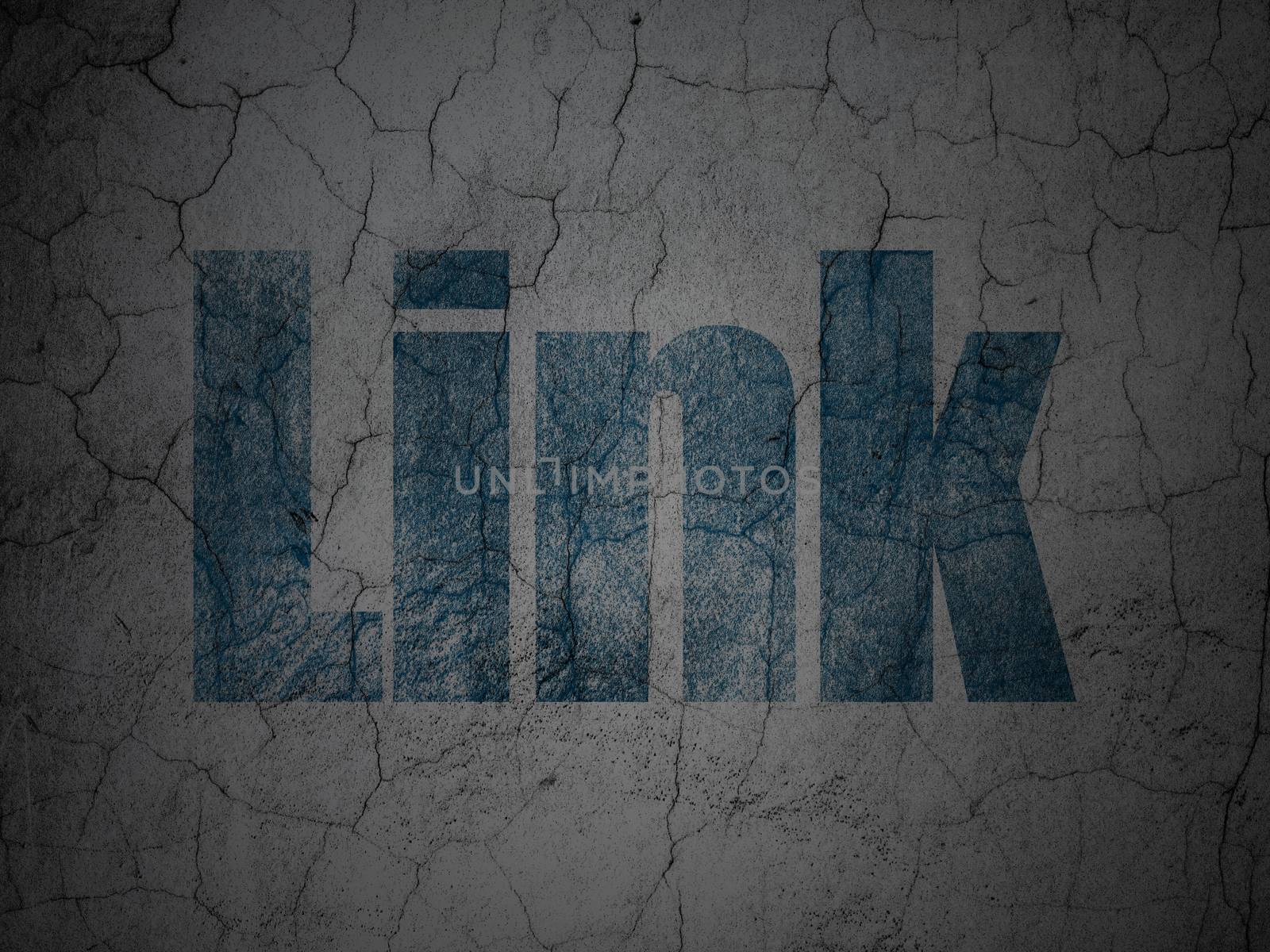 Web development concept: Blue Link on grunge textured concrete wall background
