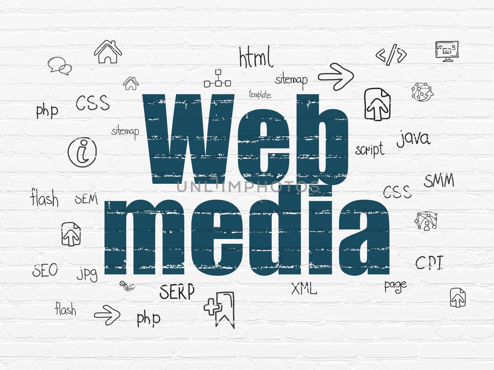 Web design concept: Painted blue text Web Media on White Brick wall background with  Hand Drawn Site Development Icons