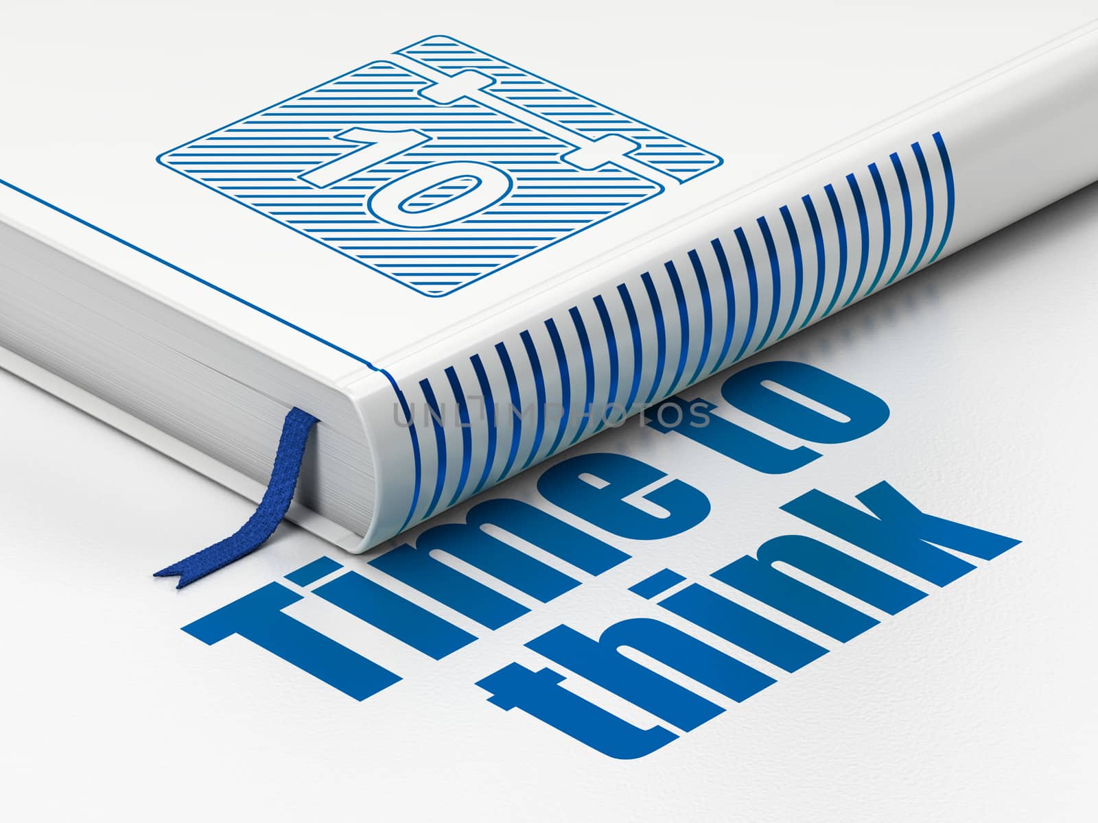 Timeline concept: closed book with Blue Calendar icon and text Time To Think on floor, white background, 3D rendering