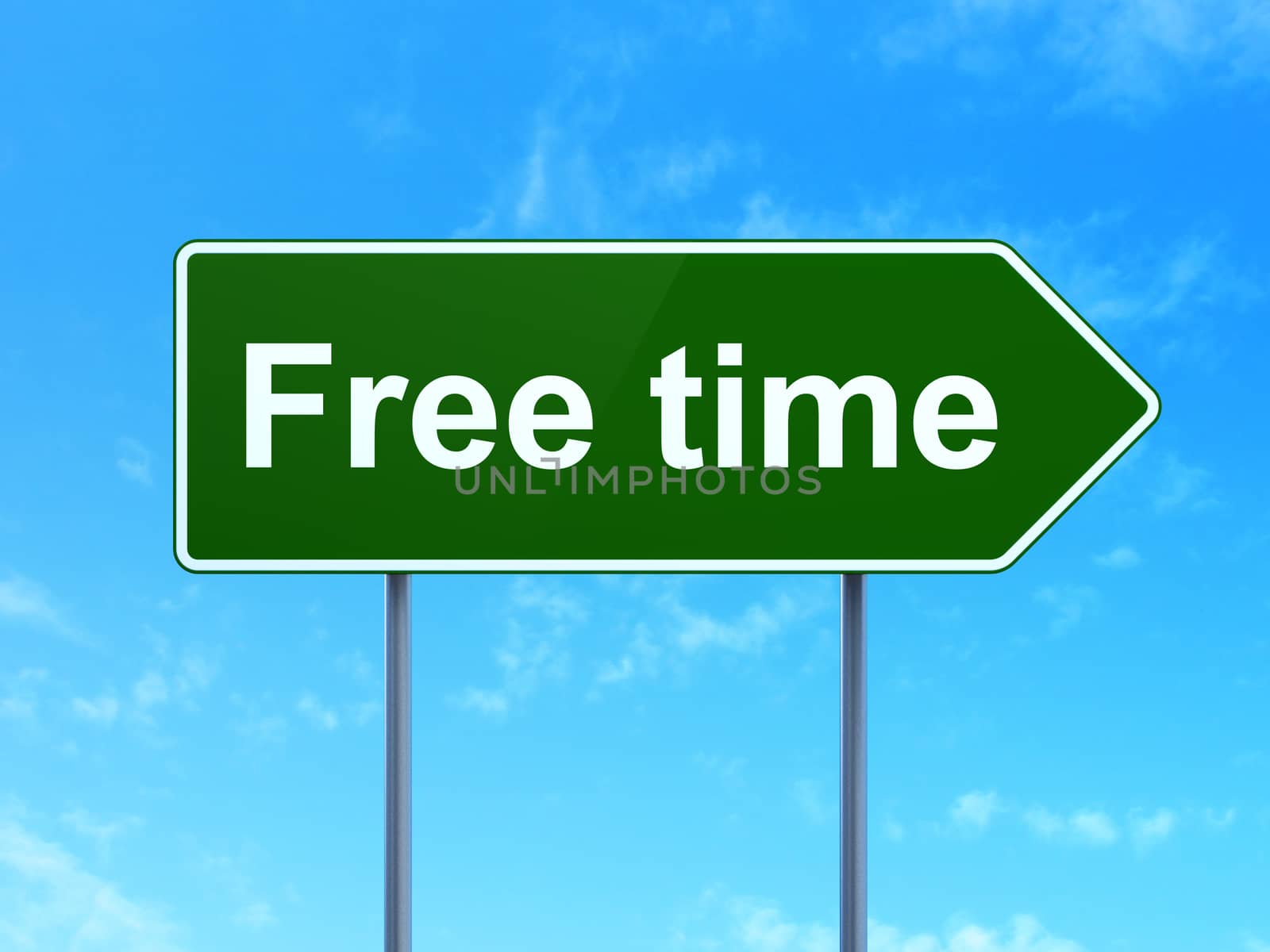 Time concept: Free Time on green road highway sign, clear blue sky background, 3D rendering