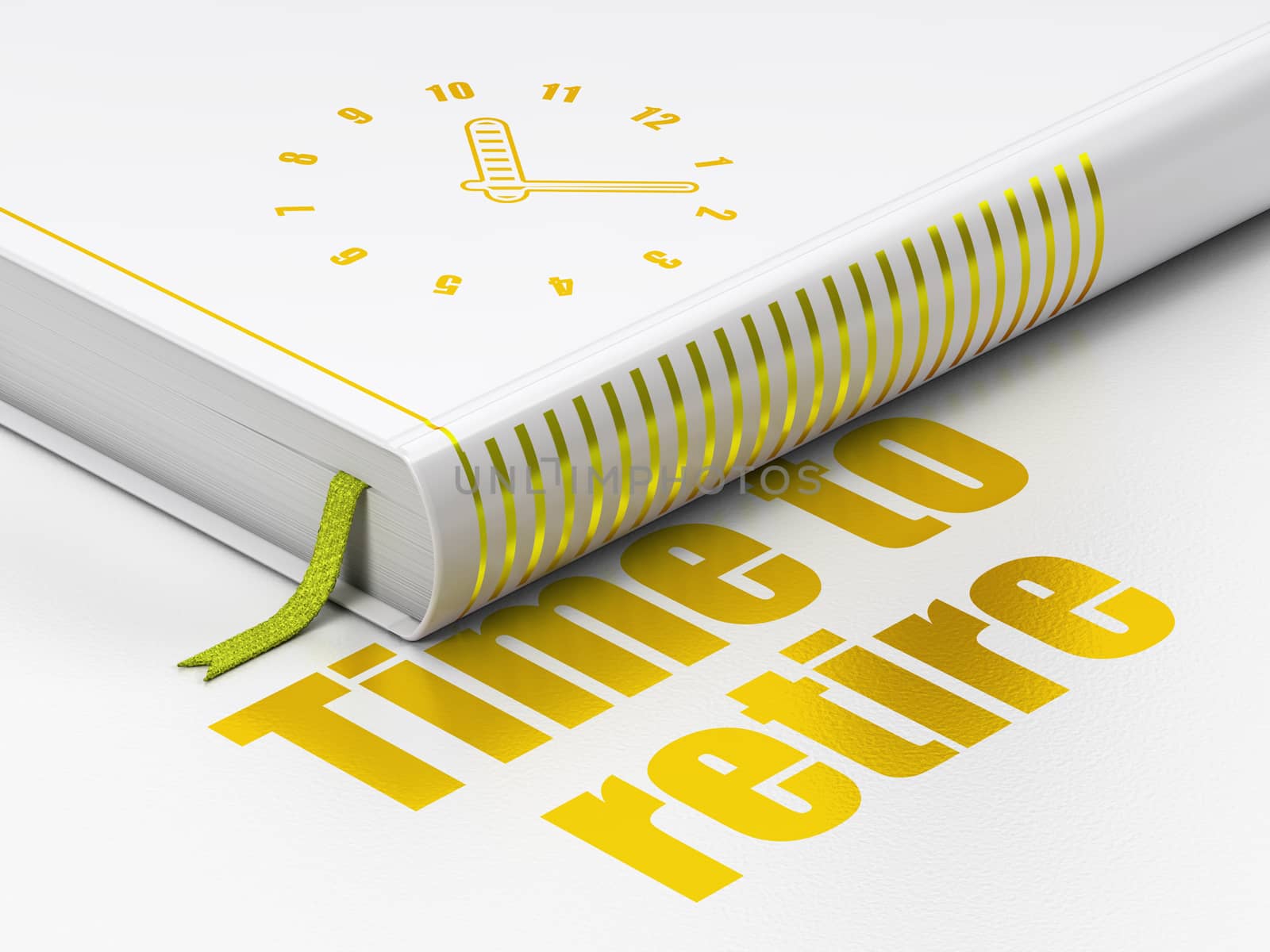Time concept: closed book with Gold Clock icon and text Time To Retire on floor, white background, 3D rendering