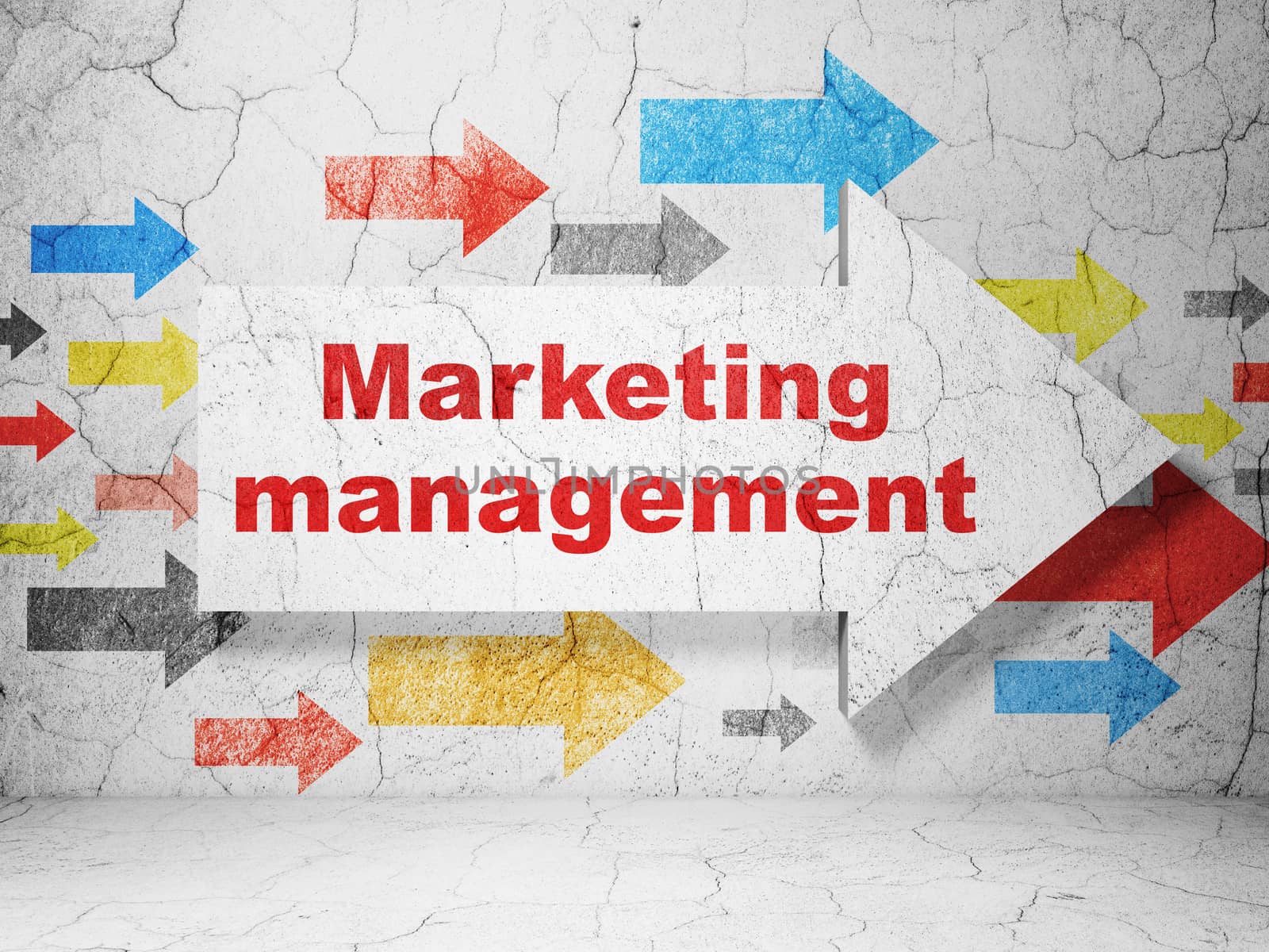 Marketing concept:  arrow with Marketing Management on grunge textured concrete wall background, 3D rendering