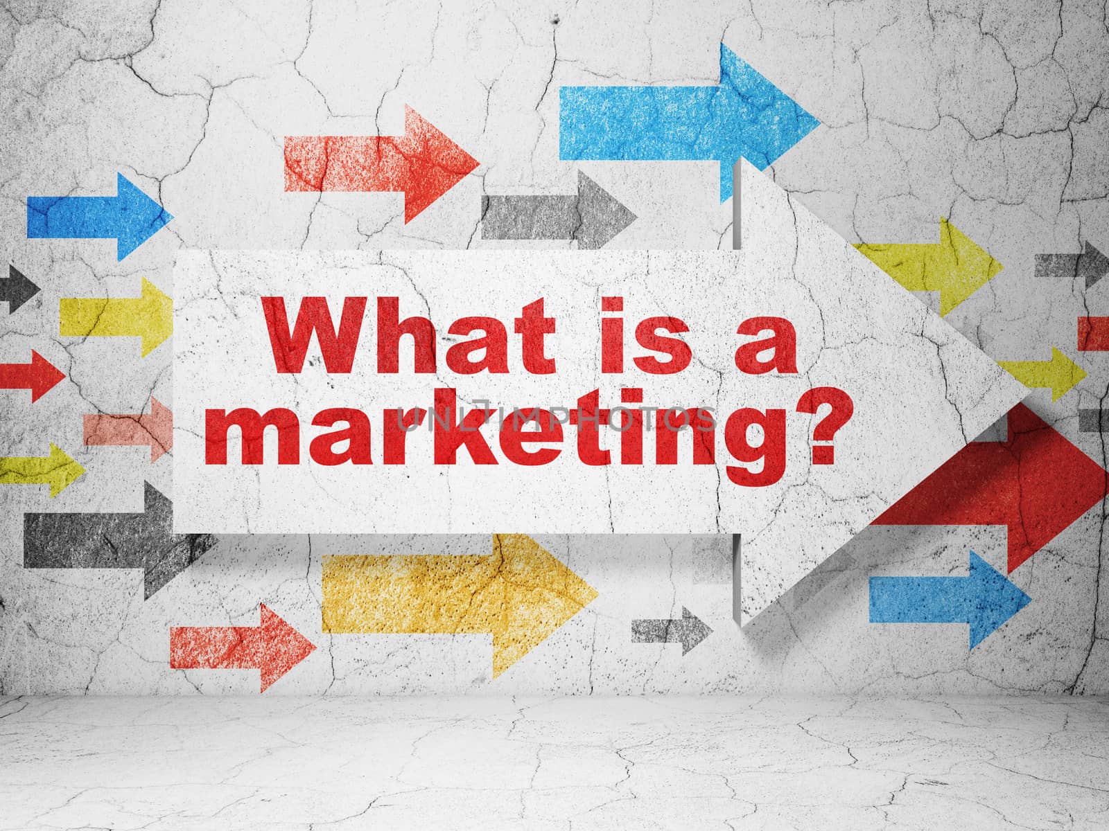 Marketing concept:  arrow with What is a Marketing? on grunge textured concrete wall background, 3D rendering