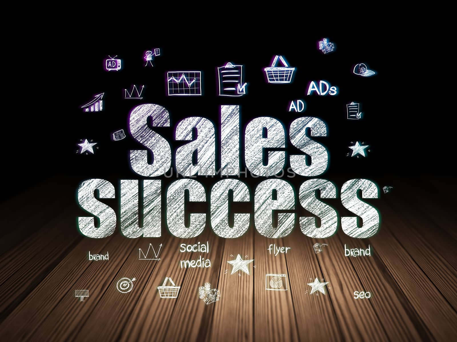 Advertising concept: Glowing text Sales Success,  Hand Drawn Marketing Icons in grunge dark room with Wooden Floor, black background