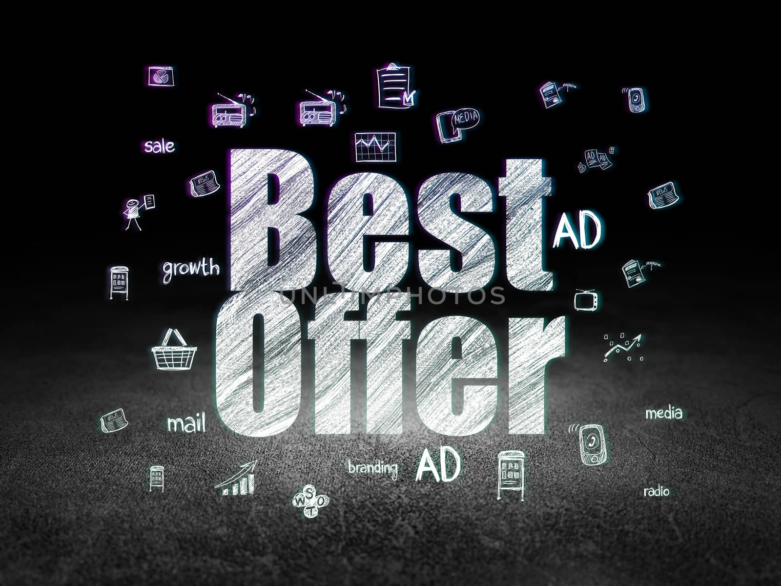 Advertising concept: Glowing text Best Offer,  Hand Drawn Marketing Icons in grunge dark room with Dirty Floor, black background