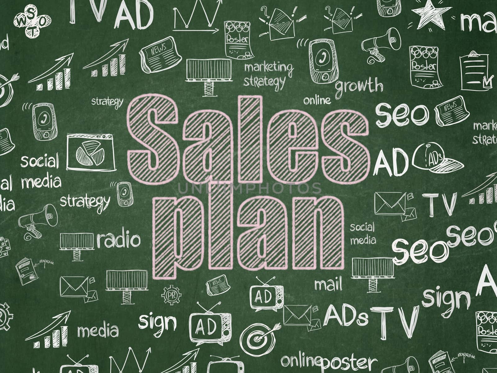 Advertising concept: Chalk Pink text Sales Plan on School board background with  Hand Drawn Marketing Icons, School Board