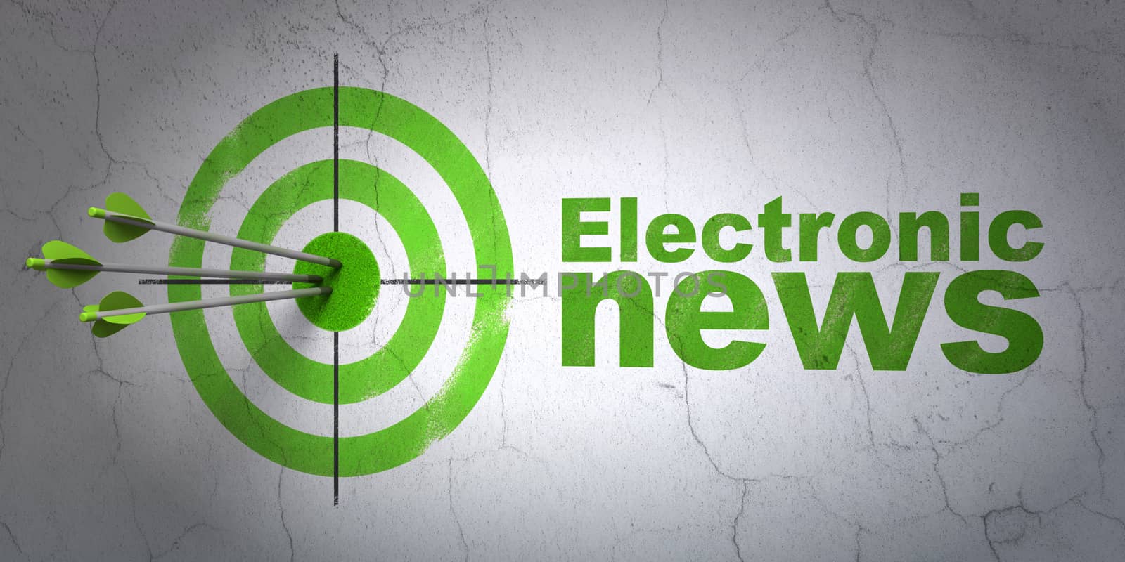 Success news concept: arrows hitting the center of target, Green Electronic News on wall background, 3D rendering