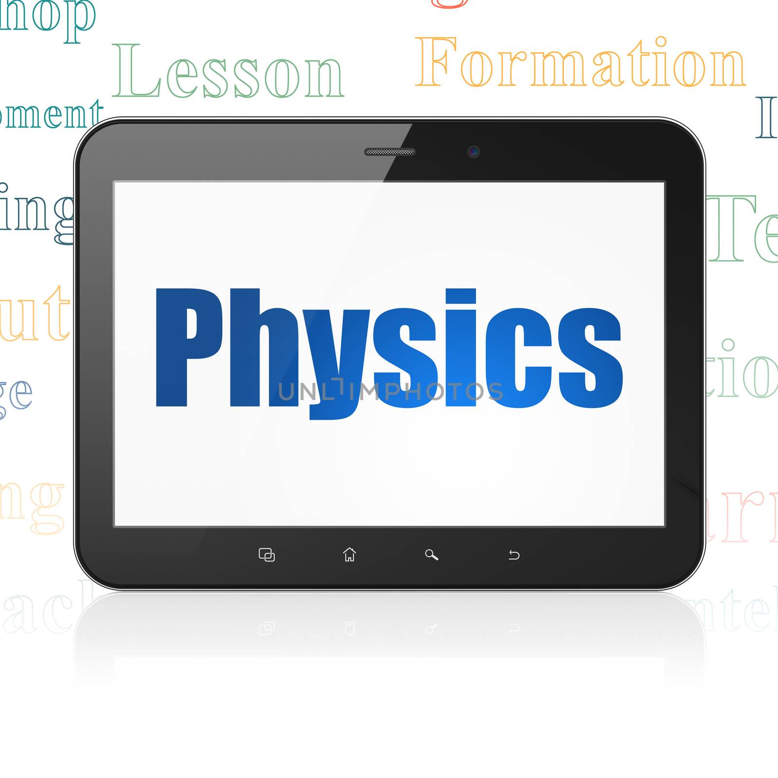 Studying concept: Tablet Computer with  blue text Physics on display,  Tag Cloud background, 3D rendering