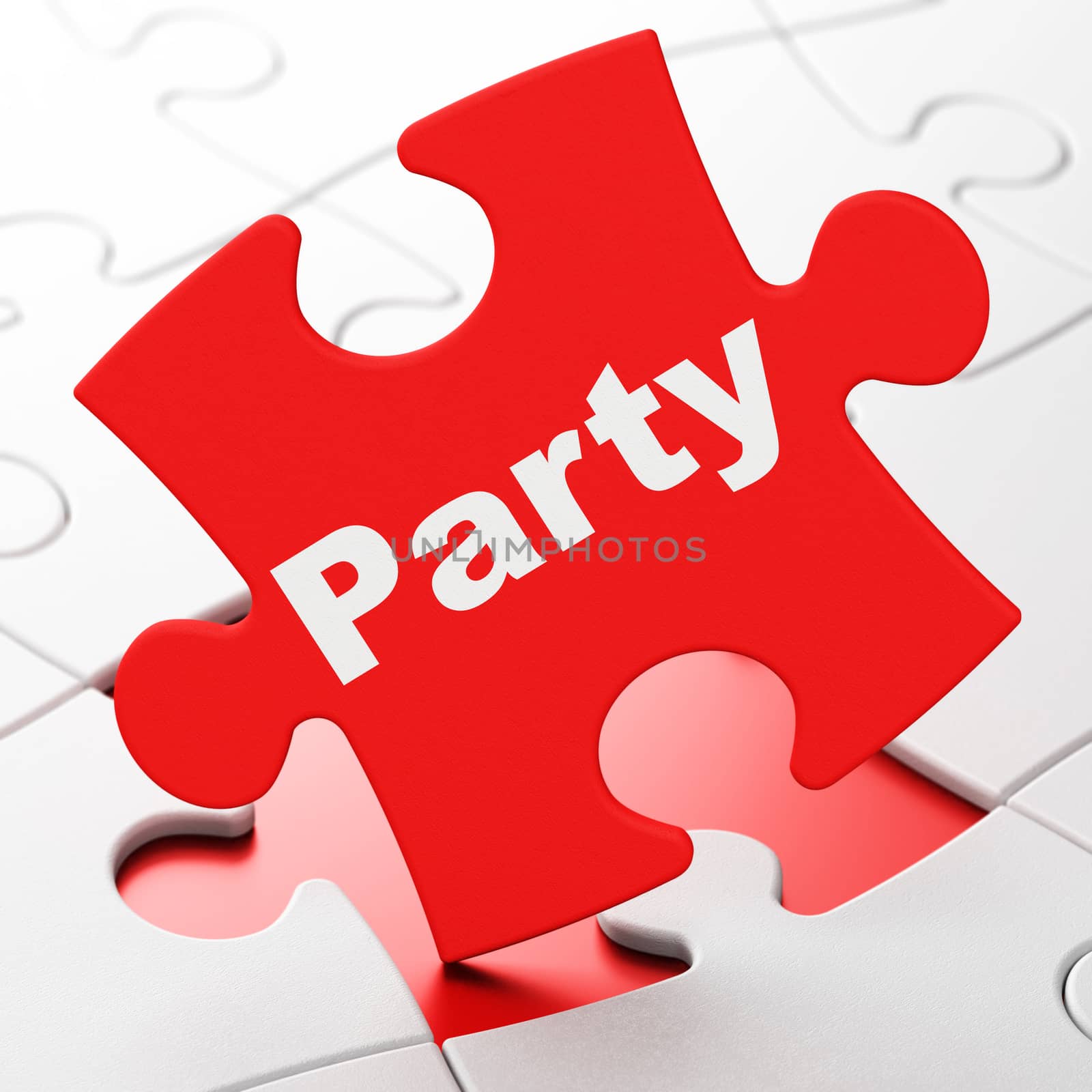 Holiday concept: Party on Red puzzle pieces background, 3D rendering