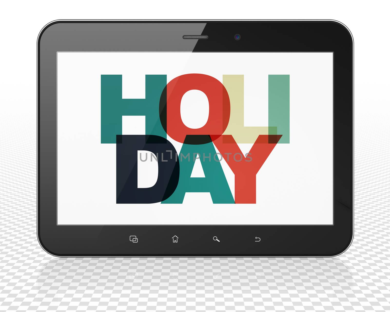 Entertainment, concept: Tablet Pc Computer with Painted multicolor text Holiday on display, 3D rendering