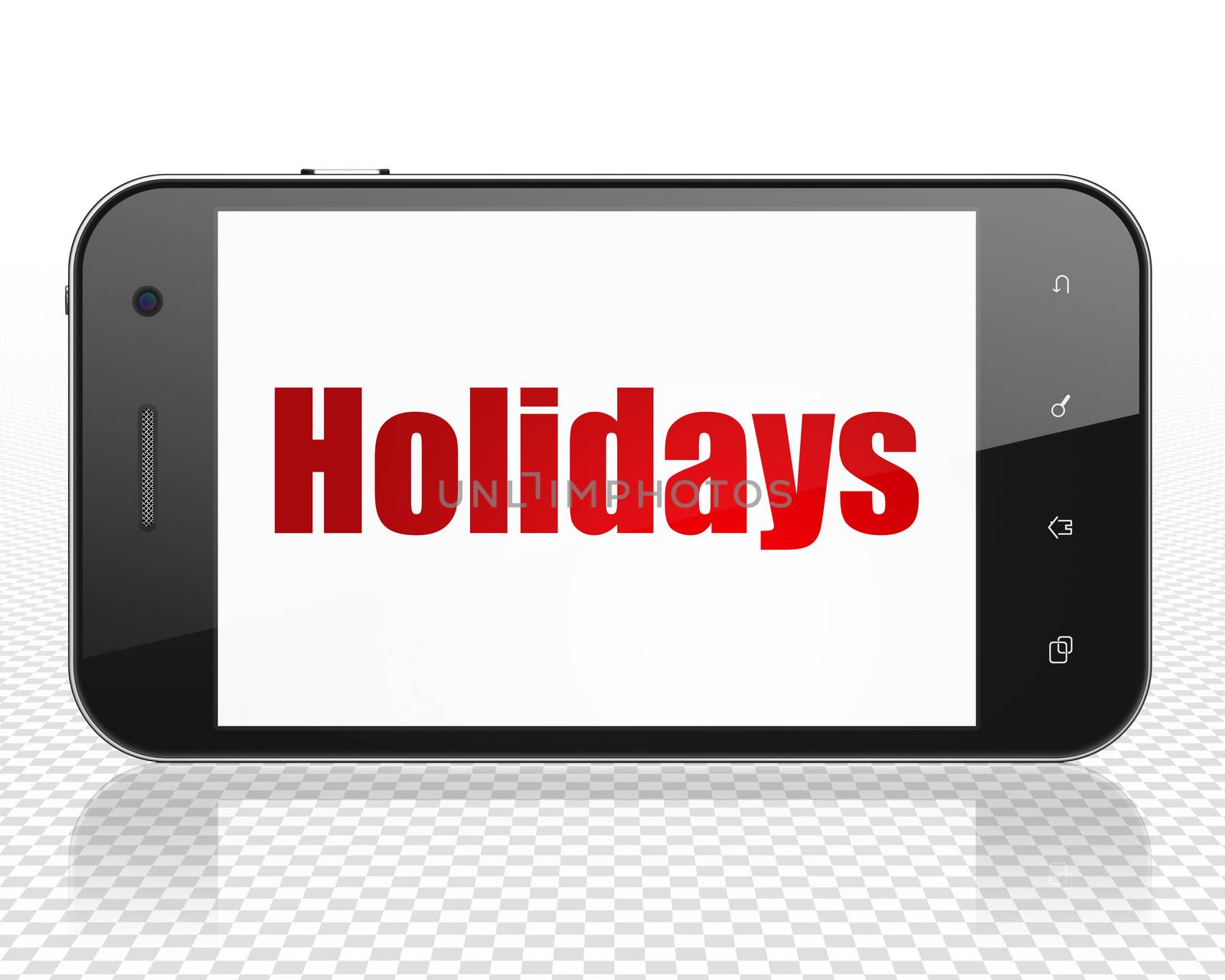 Holiday concept: Smartphone with red text Holidays on display, 3D rendering