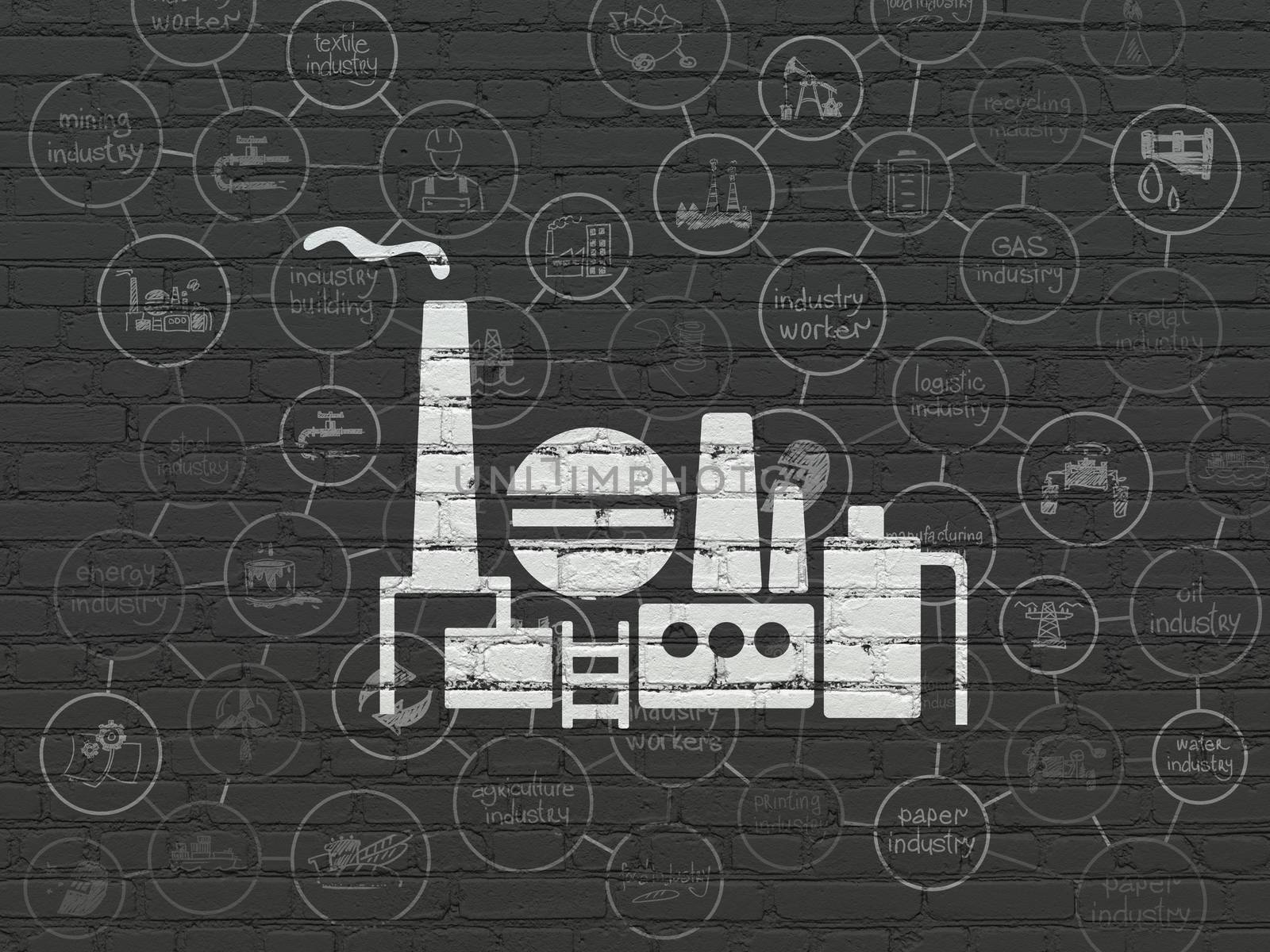 Industry concept: Painted white Oil And Gas Indusry icon on Black Brick wall background with Scheme Of Hand Drawn Industry Icons