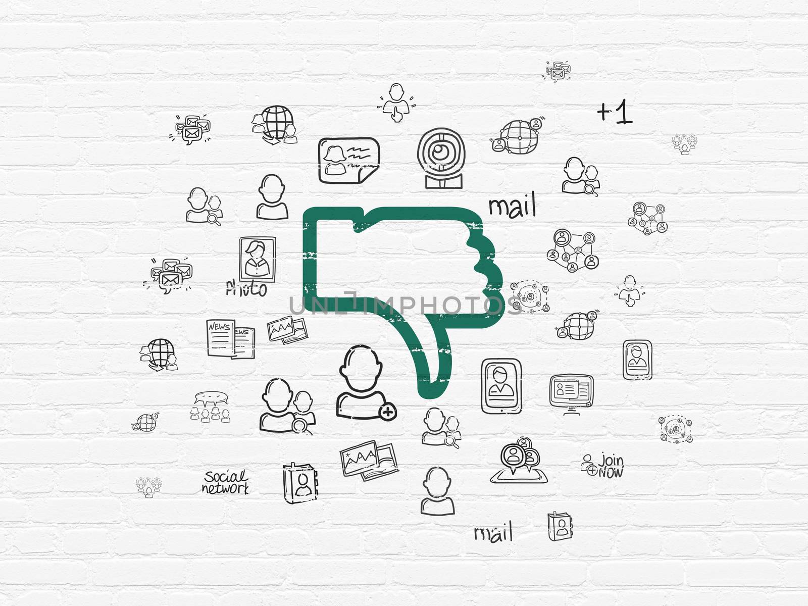 Social media concept: Painted green Thumb Down icon on White Brick wall background with  Hand Drawn Social Network Icons