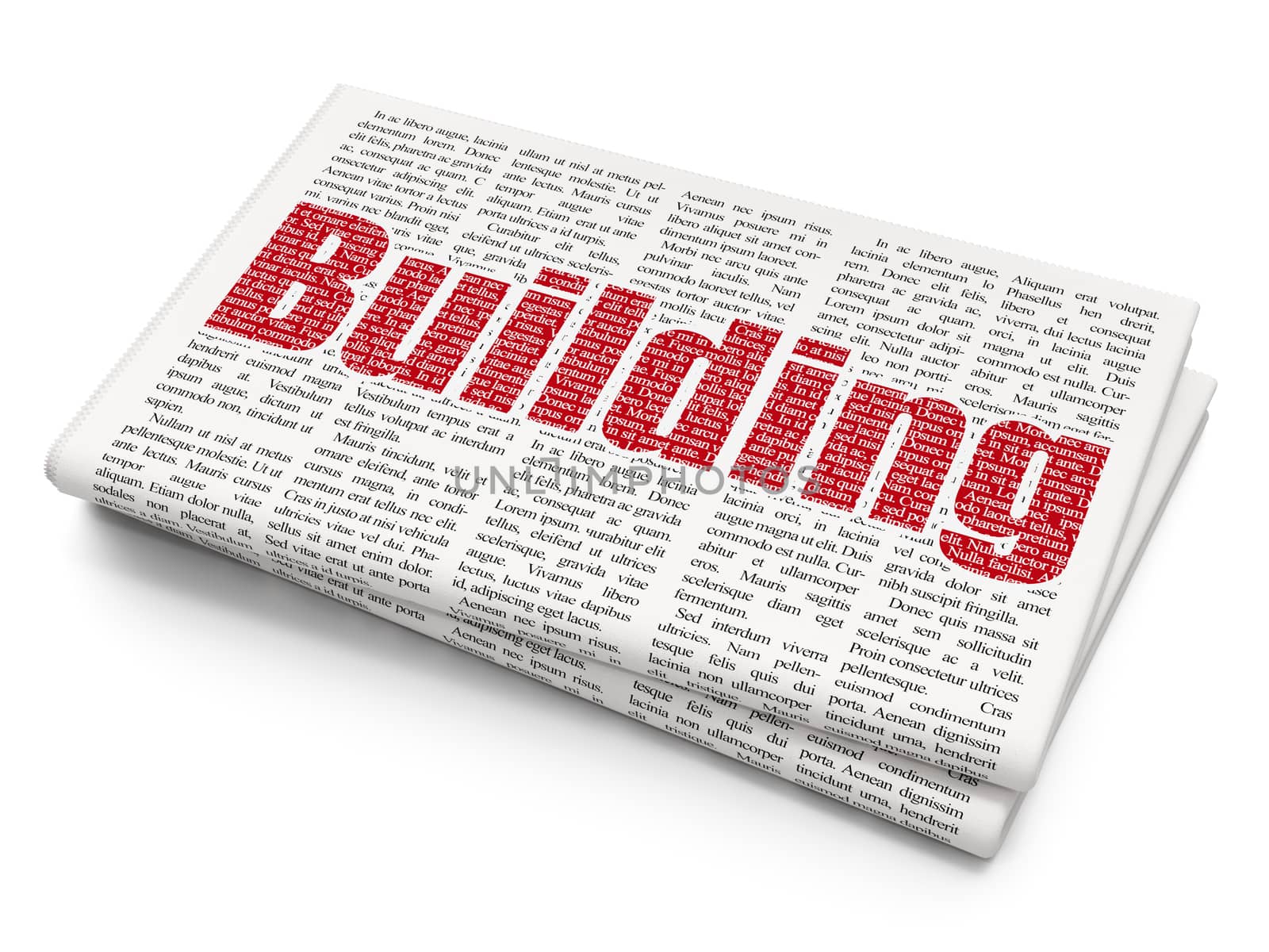 Construction concept: Pixelated red text Building on Newspaper background, 3D rendering
