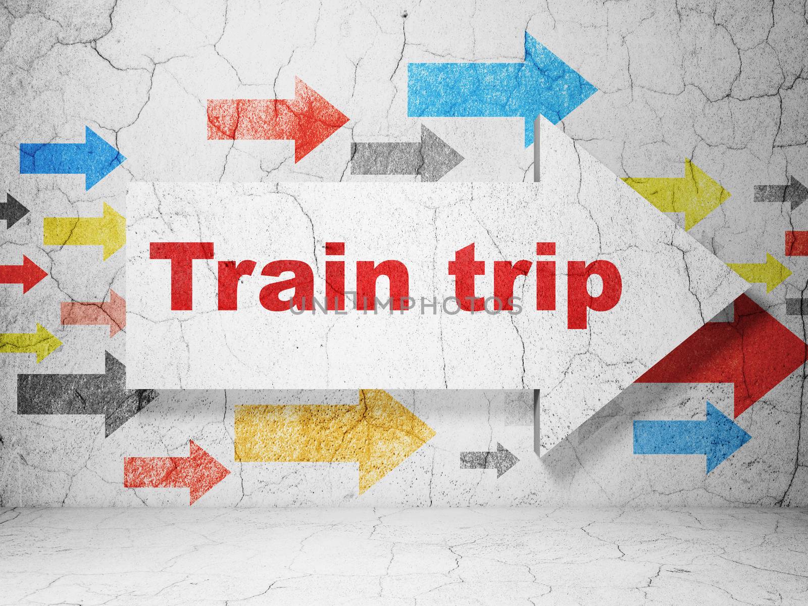 Tourism concept:  arrow with Train Trip on grunge textured concrete wall background, 3D rendering