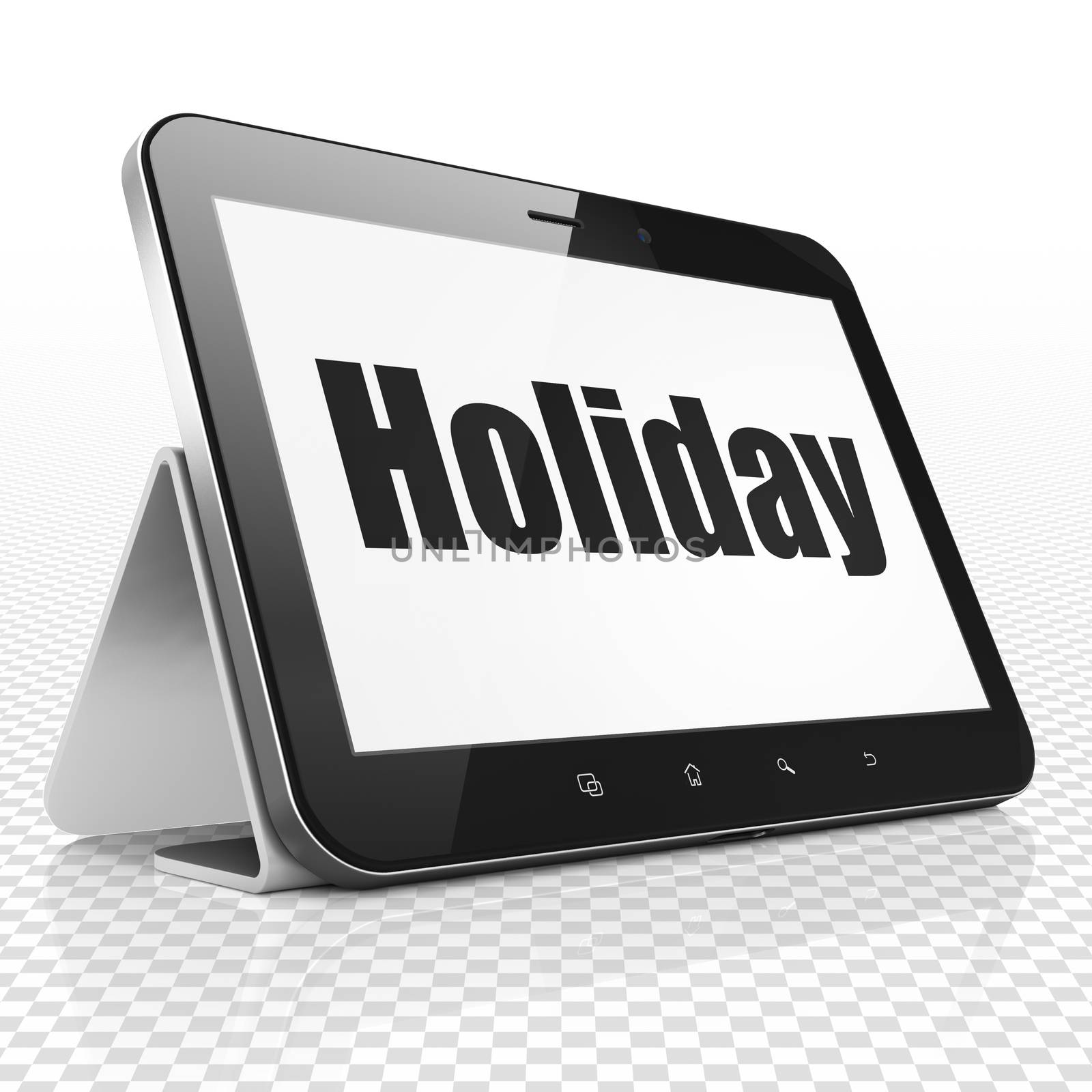 Travel concept: Tablet Computer with black text Holiday on display, 3D rendering