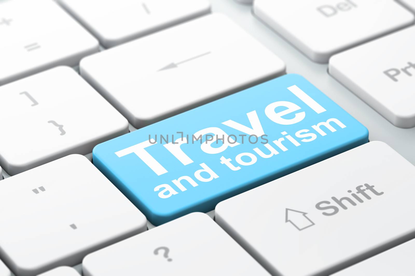 Travel concept: computer keyboard with word Travel And Tourism, selected focus on enter button background, 3D rendering