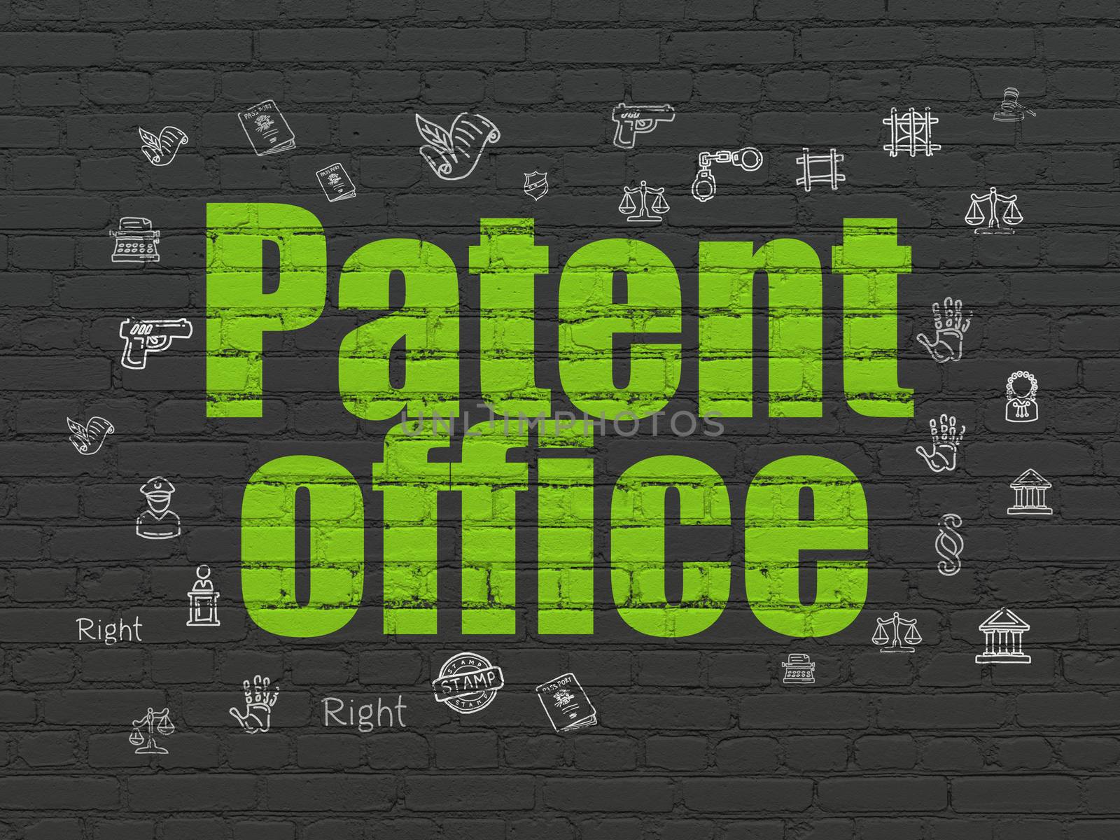 Law concept: Painted green text Patent Office on Black Brick wall background with  Hand Drawn Law Icons