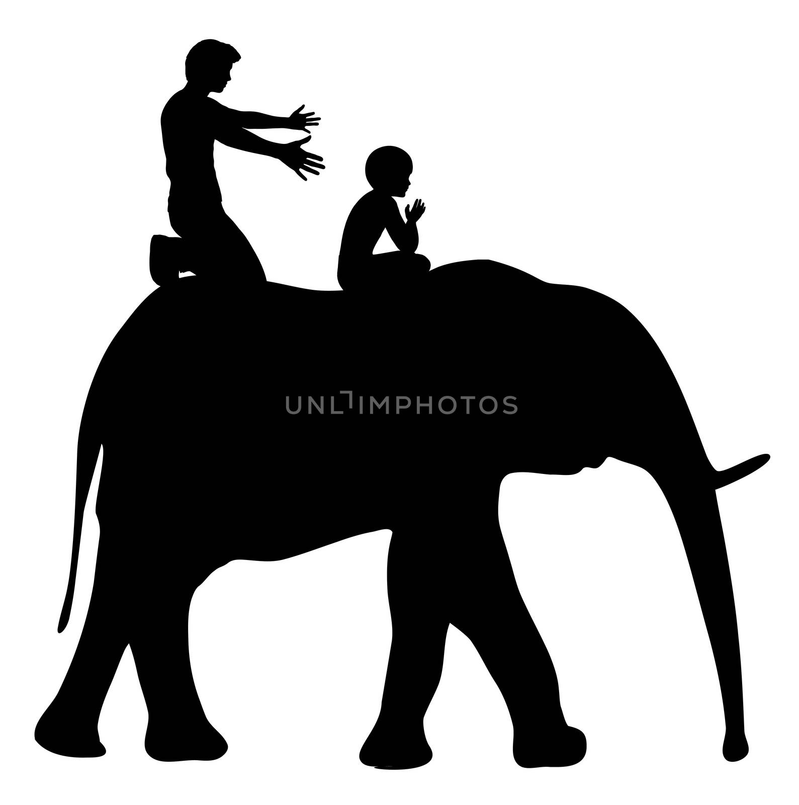 Father is teaching child to ride an elephant, educational metaphor