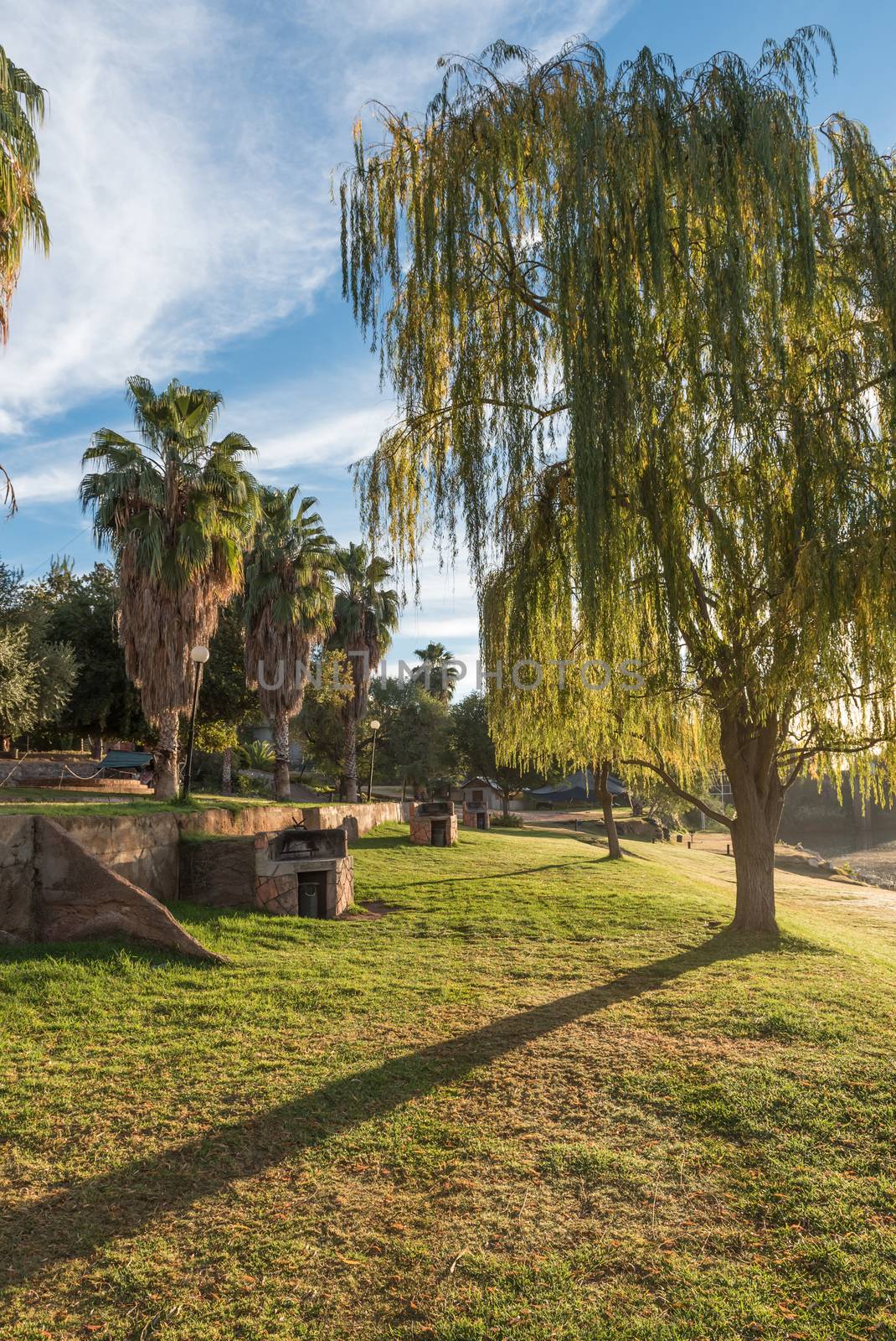 Sunrise at a holiday resort next to the Orange River at Upington, a town in the Northern Cape Province