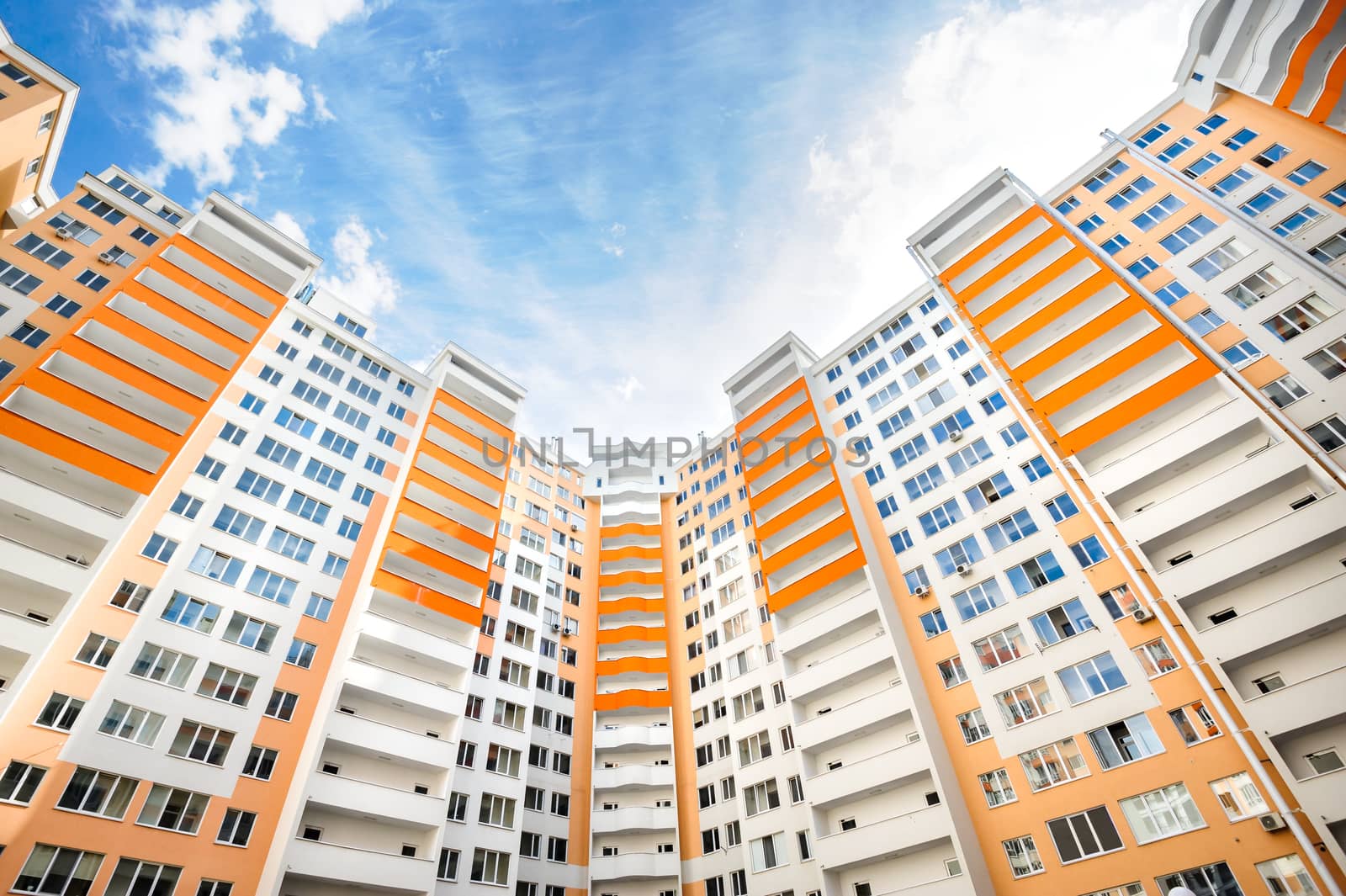 Wide angle shot of new apartments residential buildings exterior