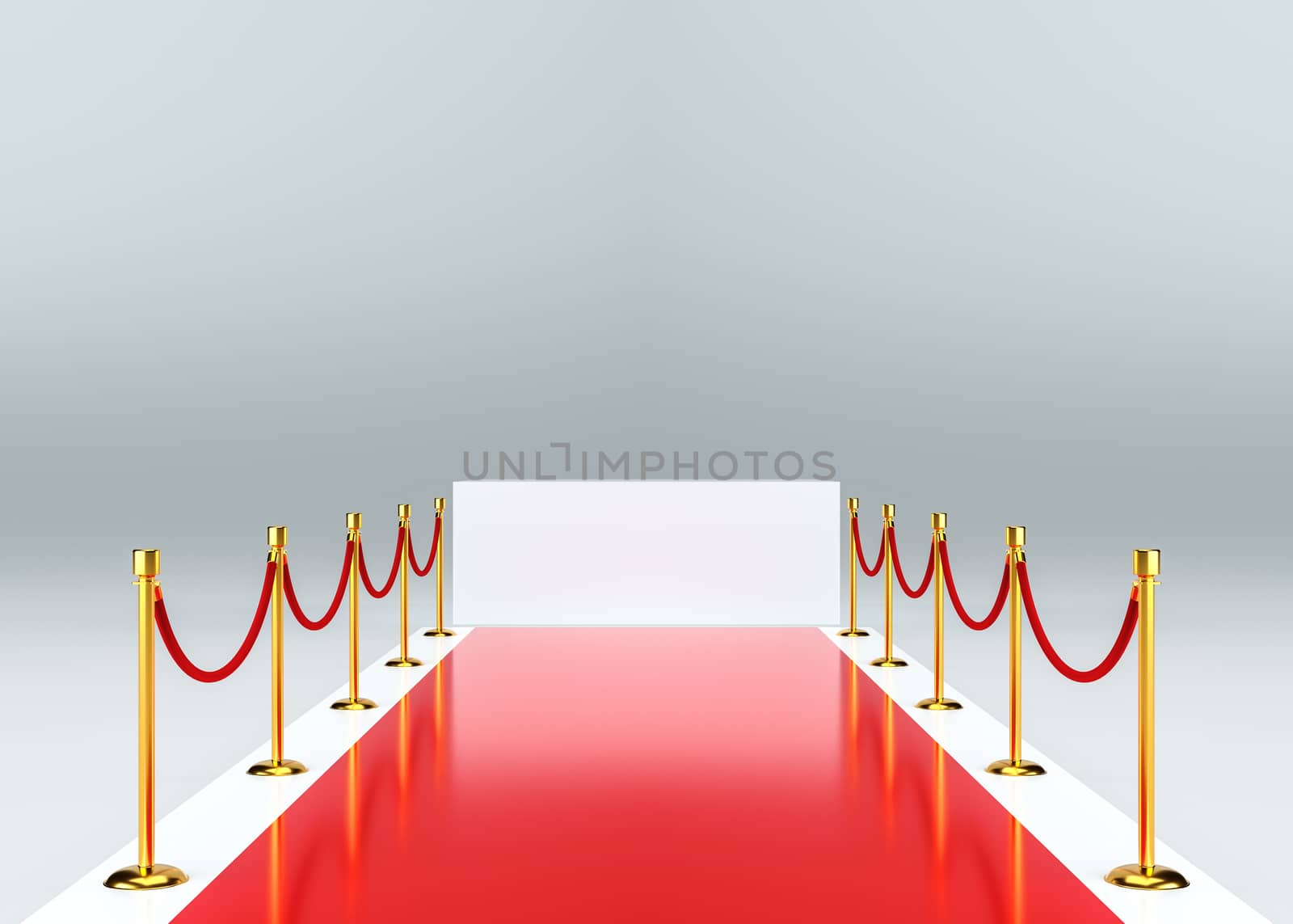Red glossy carpet with a barrier. White empty pedestal. 3d illustration