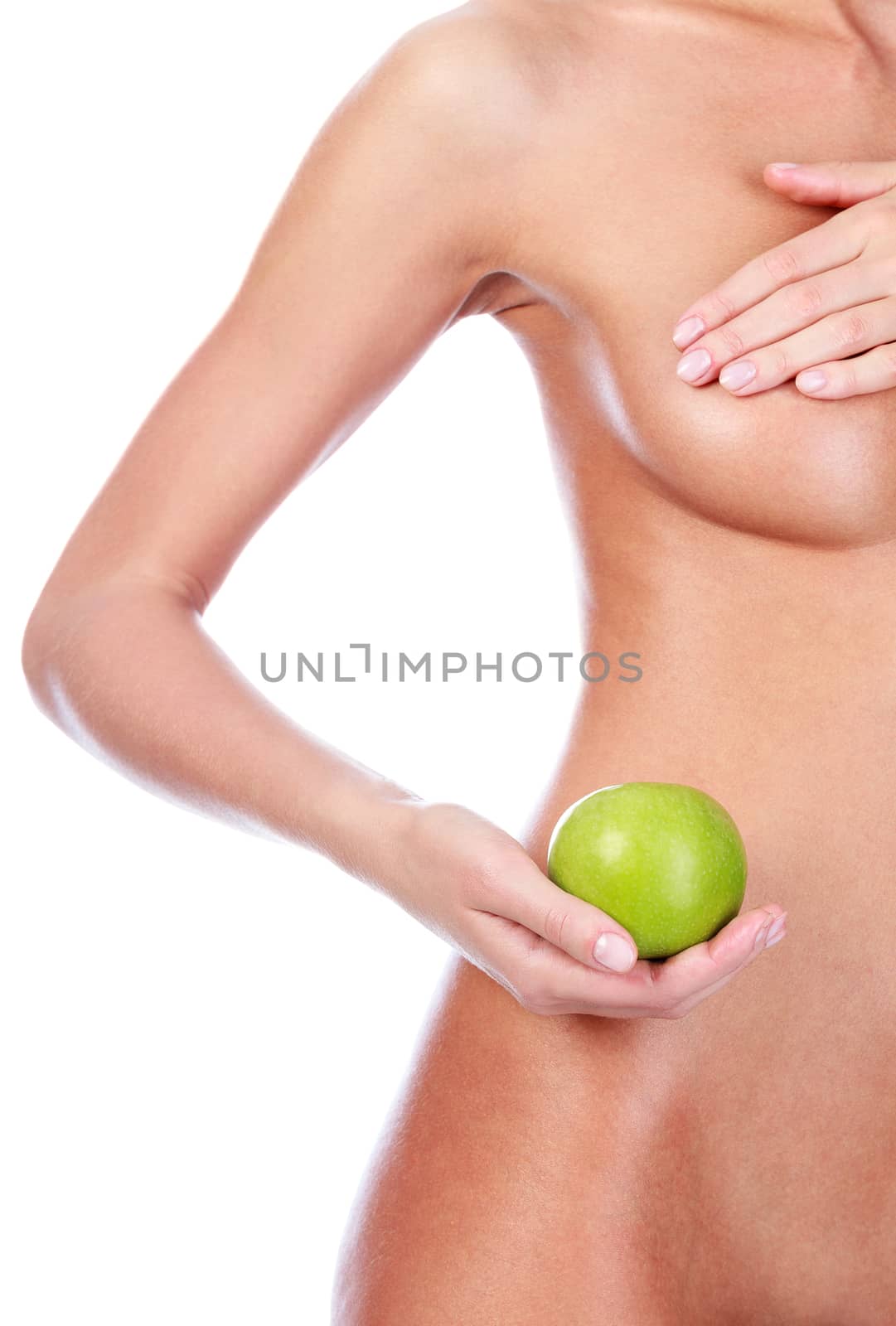 Woman holding green apple isolated on white background