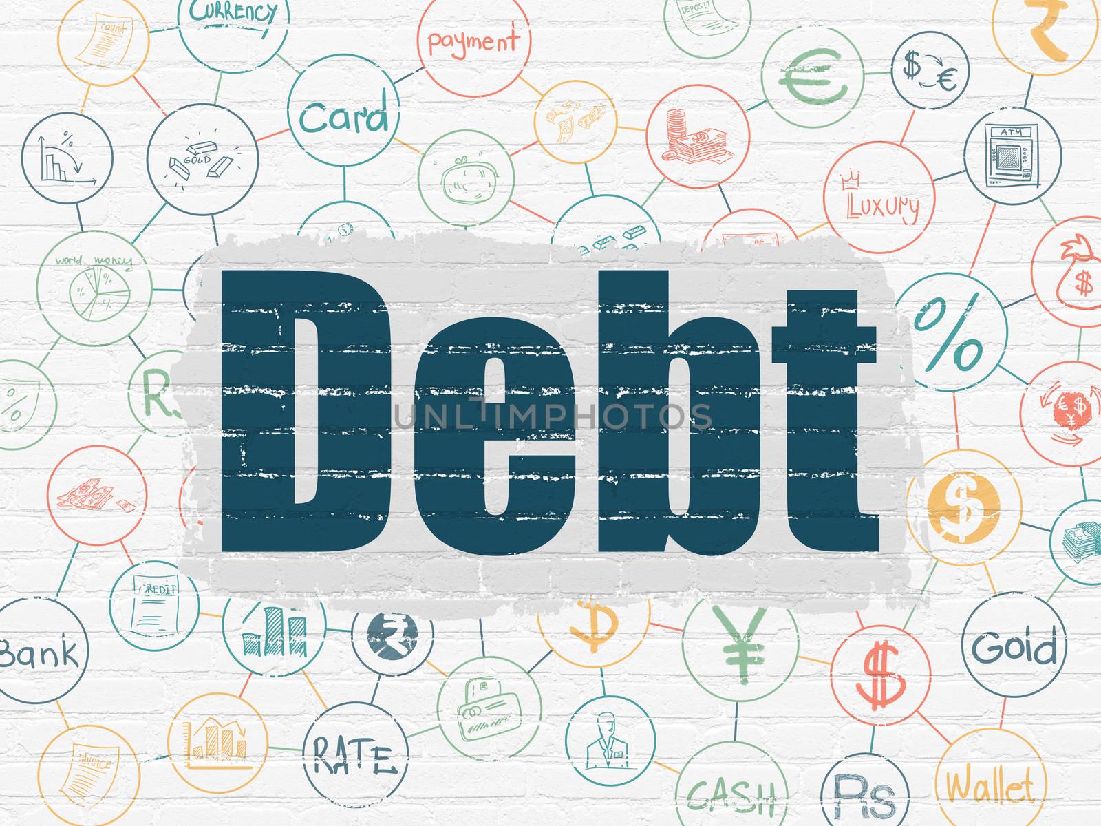 Currency concept: Painted blue text Debt on White Brick wall background with Scheme Of Hand Drawn Finance Icons