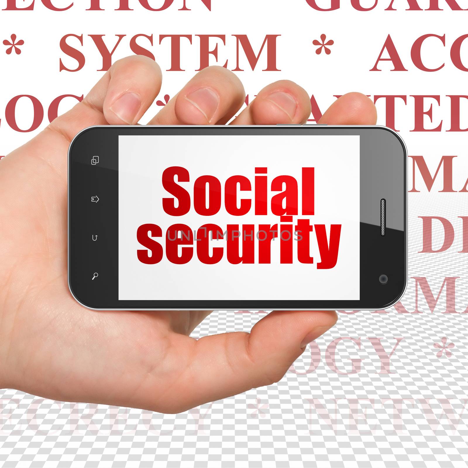 Safety concept: Hand Holding Smartphone with Social Security on display by maxkabakov