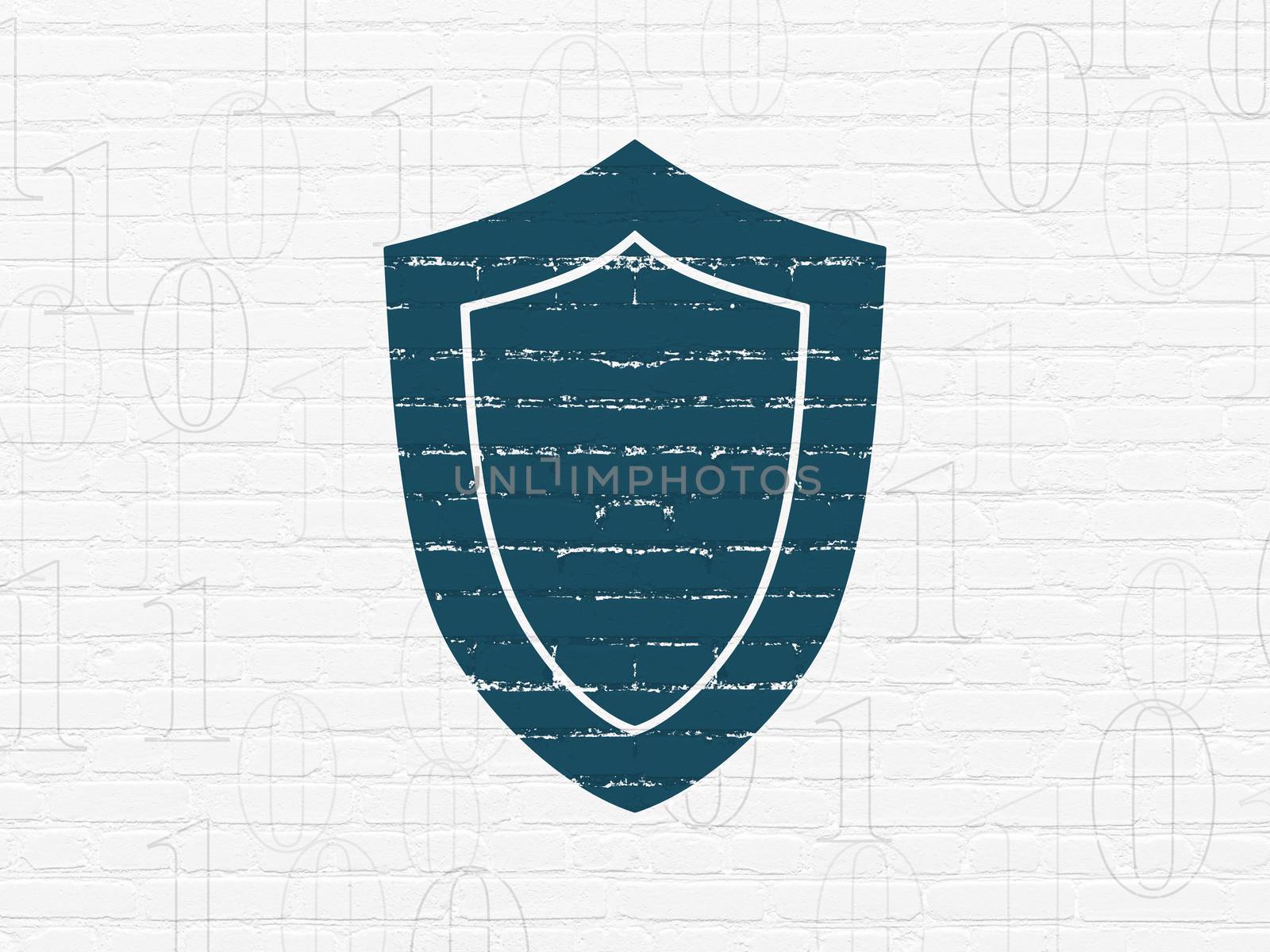 Safety concept: Painted blue Shield icon on White Brick wall background with  Binary Code