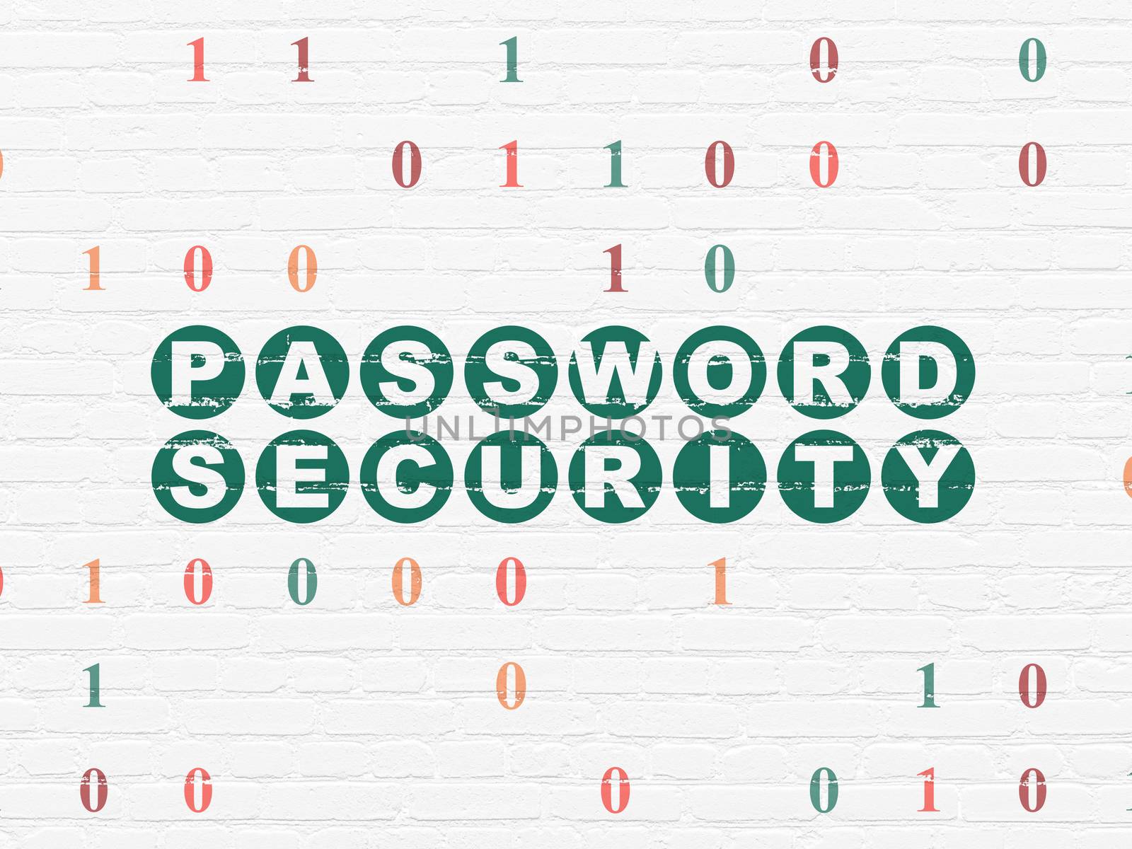 Safety concept: Painted green text Password Security on White Brick wall background with Binary Code
