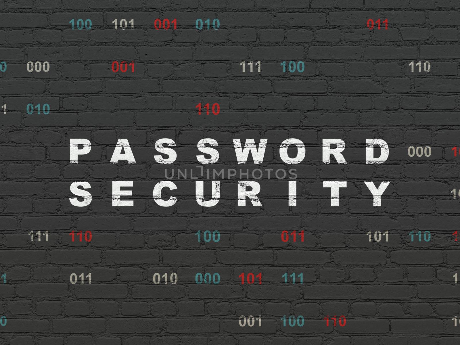 Security concept: Painted white text Password Security on Black Brick wall background with Binary Code