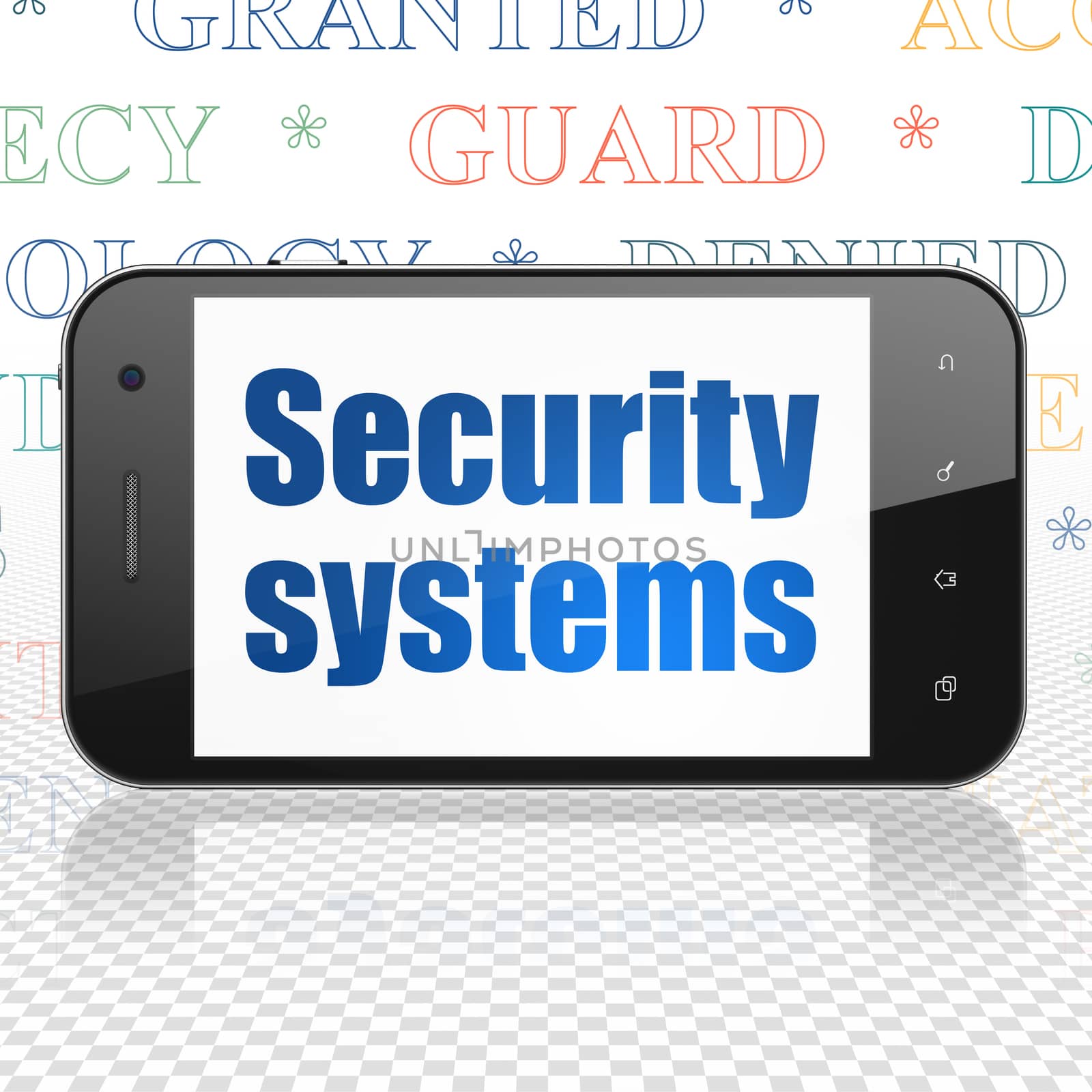 Privacy concept: Smartphone with  blue text Security Systems on display,  Tag Cloud background, 3D rendering