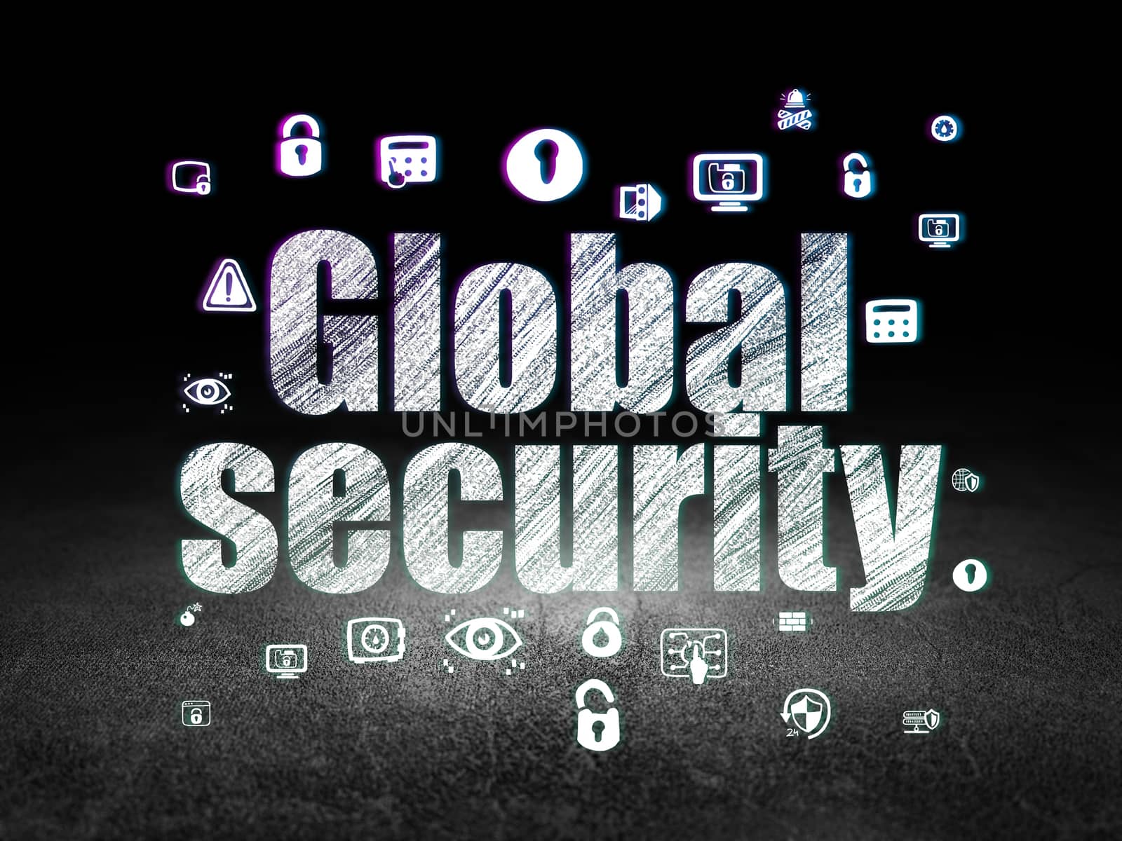 Privacy concept: Glowing text Global Security,  Hand Drawn Security Icons in grunge dark room with Dirty Floor, black background