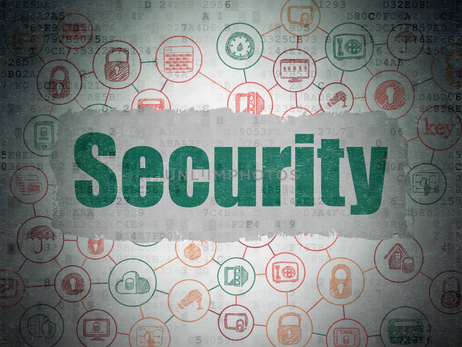 Protection concept: Painted green text Security on Digital Data Paper background with  Scheme Of Hand Drawn Security Icons