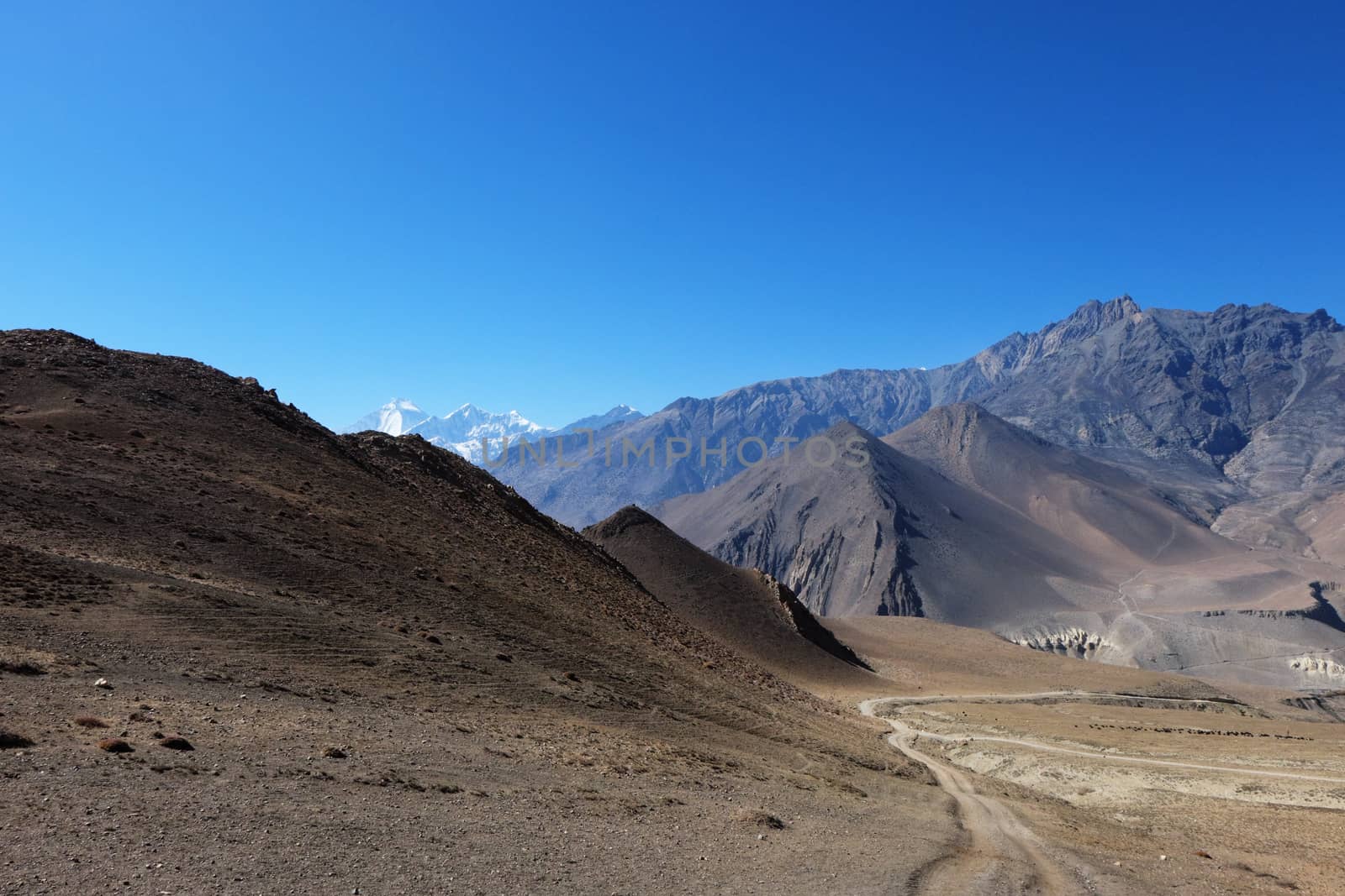 Mountain road in the Himalayas at an altitude of 4,500 meters with a mountain nilgiri in the background.