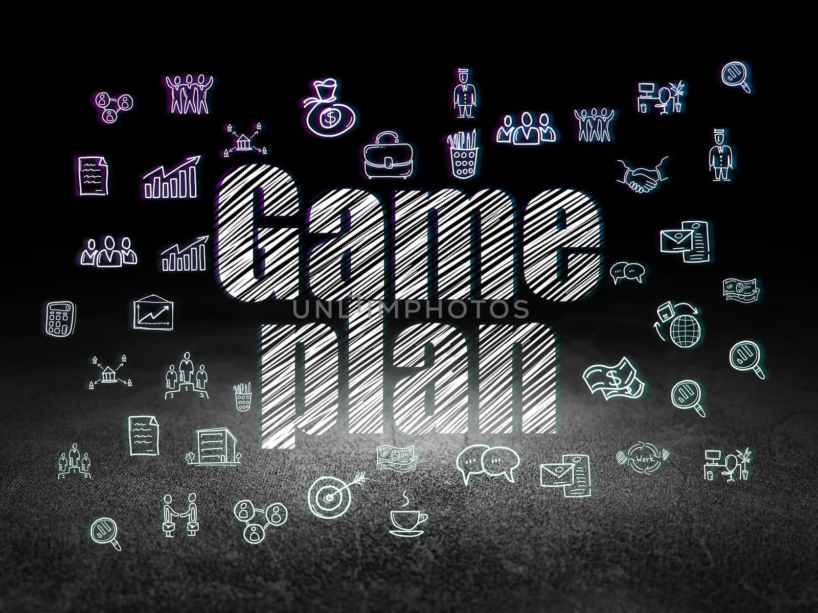 Business concept: Glowing text Game Plan,  Hand Drawn Business Icons in grunge dark room with Dirty Floor, black background