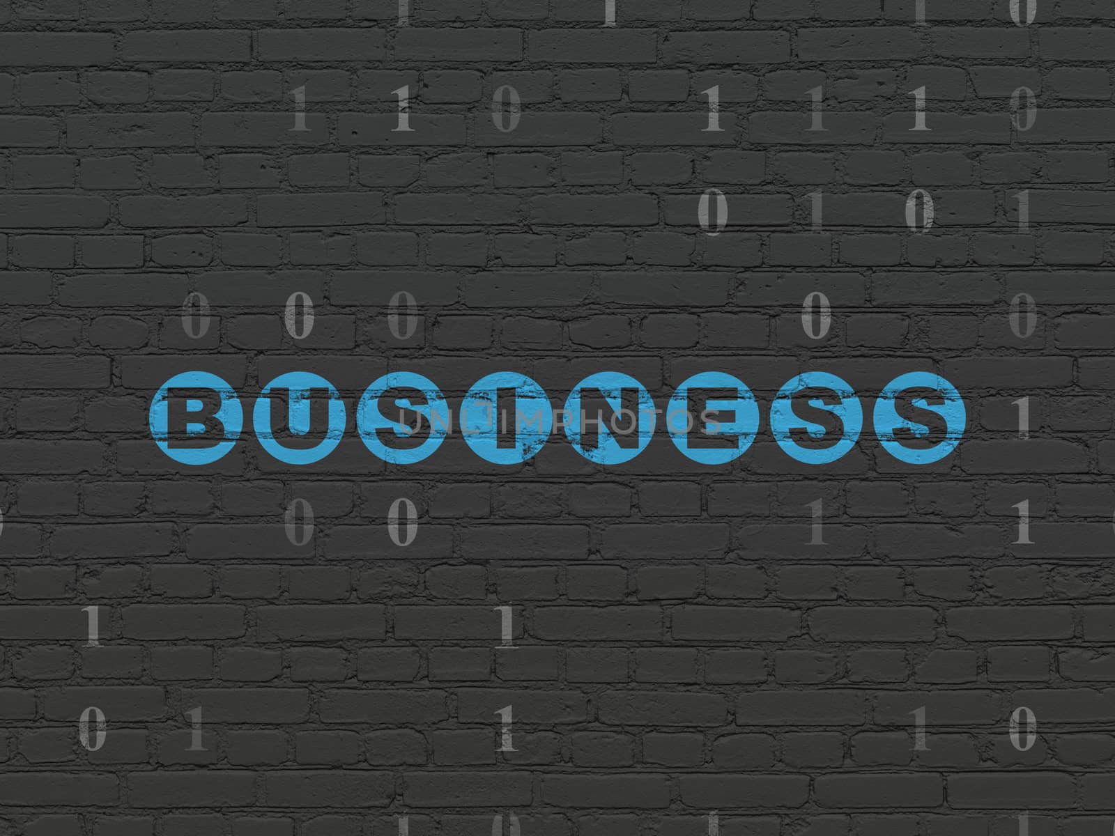 Business concept: Painted blue text Business on Black Brick wall background with Binary Code