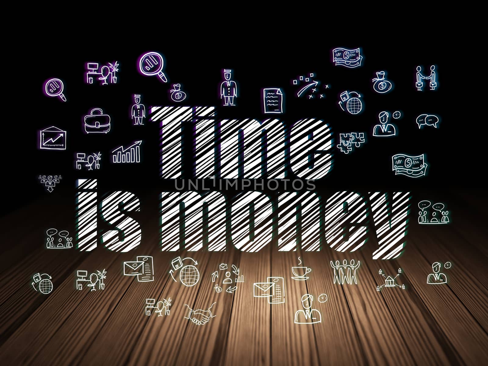 Business concept: Glowing text Time Is money,  Hand Drawn Business Icons in grunge dark room with Wooden Floor, black background